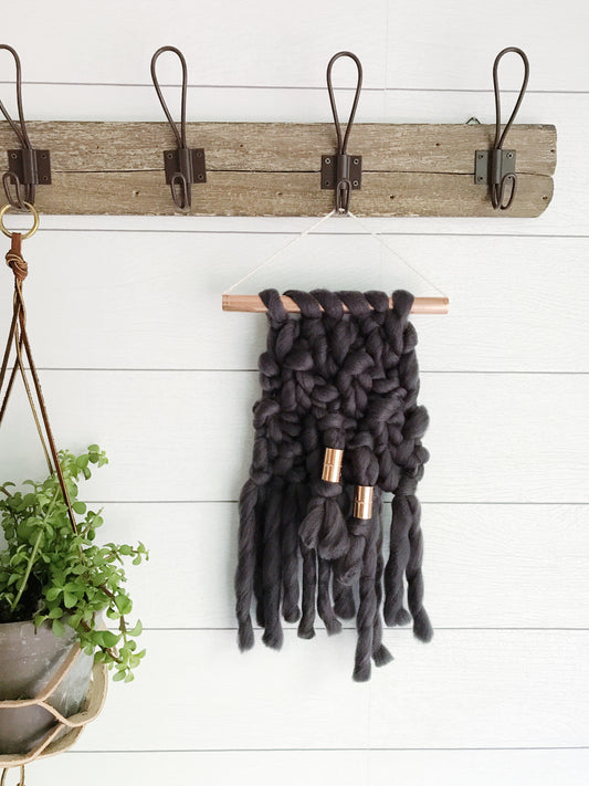 Mini Charcoal Grey Knit Wall Hanging with Copper Detail