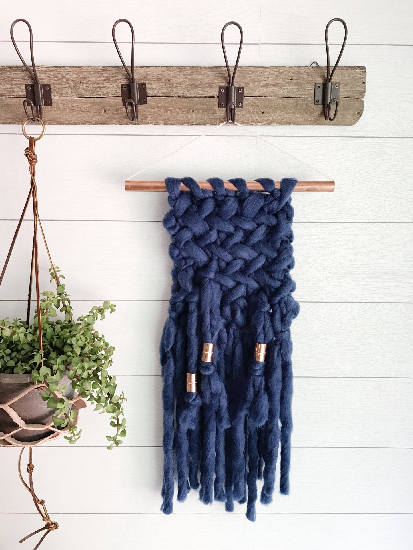 Indigo Blue Knit Wall Hanging with Copper Detail // Regular Size