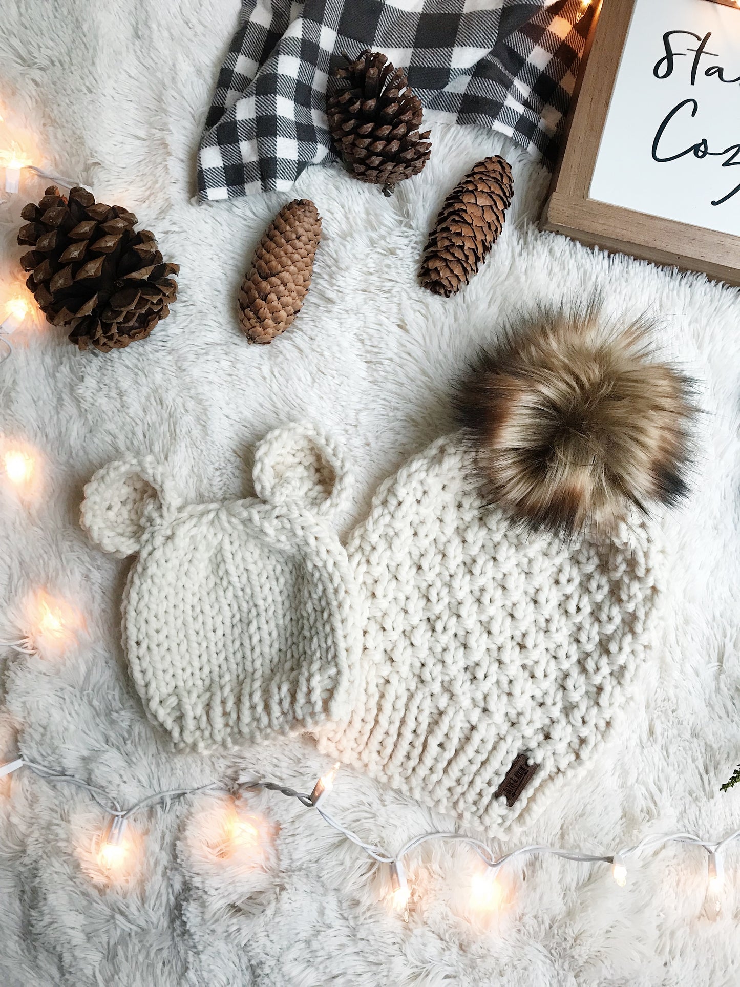 Mommy and Me SET Knitted Textured Beanie with Faux Fur Pom Pom // The Westbrook and Baby Bear Hat