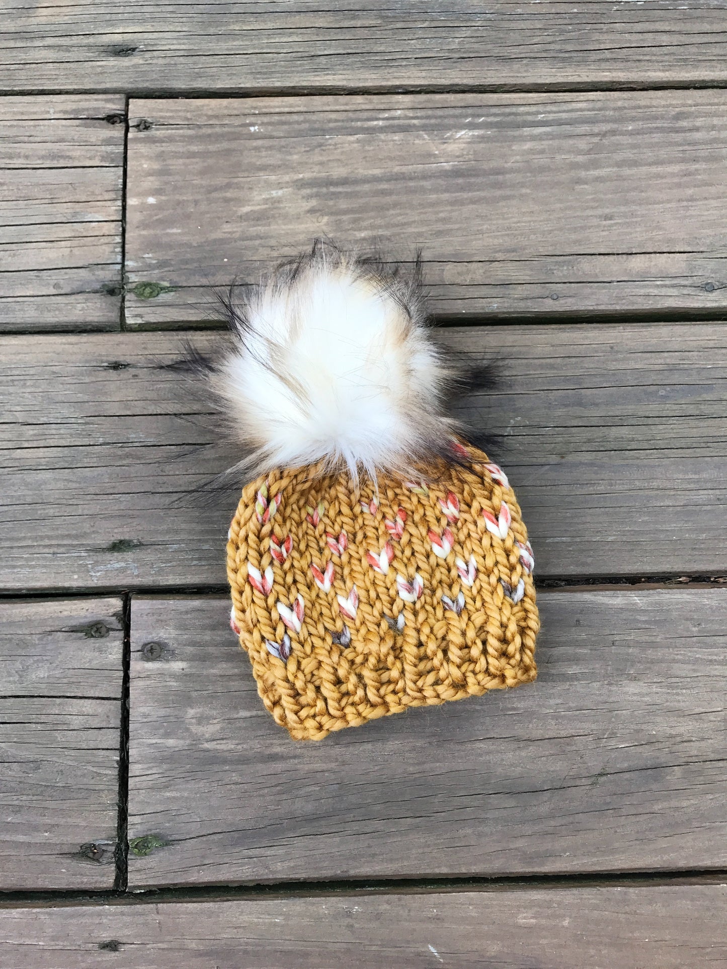 Knit Baby Hat Beanie Handmade Faux Fur Pom Pom // Coney Island Fair Isle