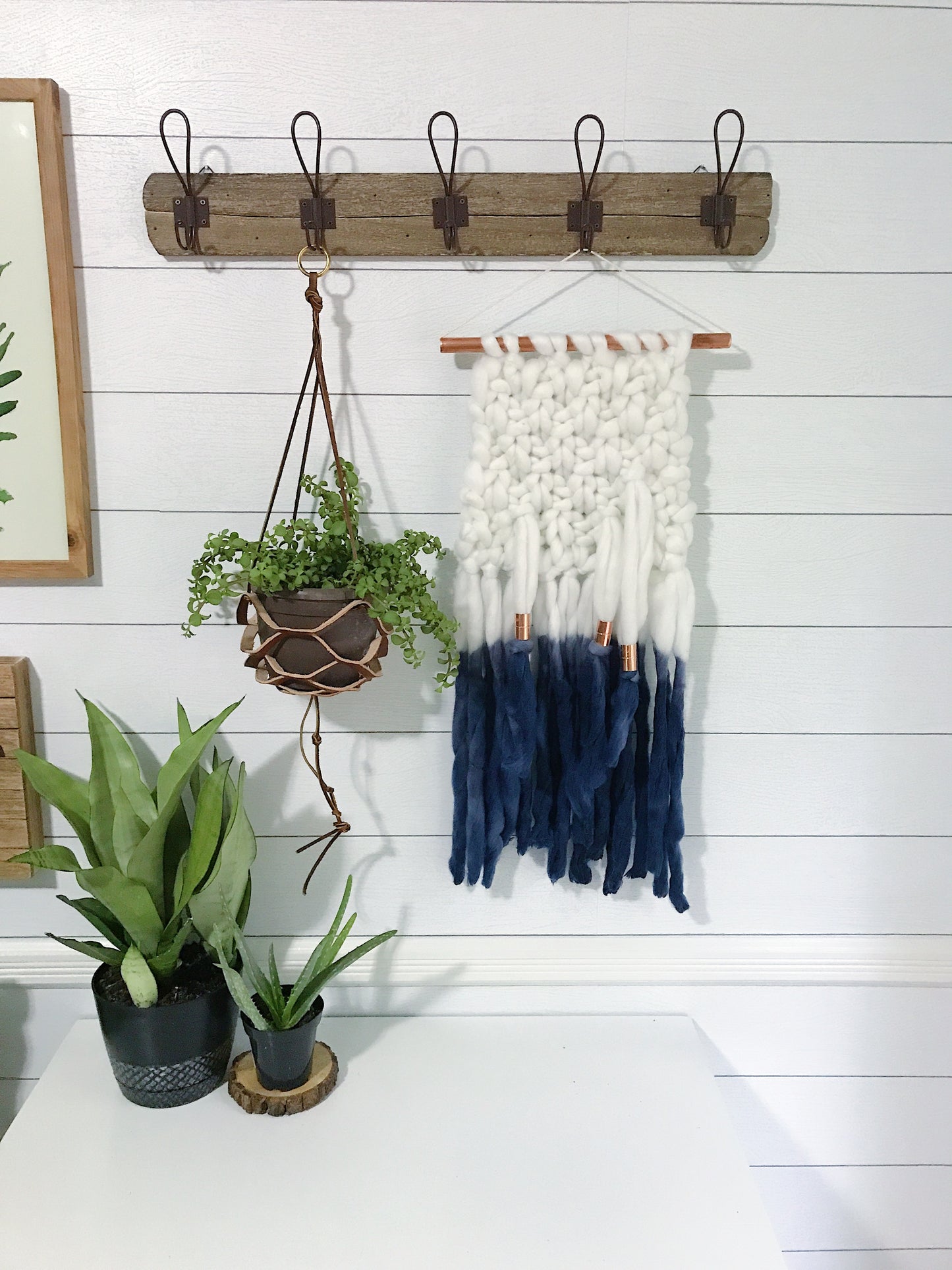 Indigo Blue Dip Dye Ombré Knit Wall Hanging with Copper Detail