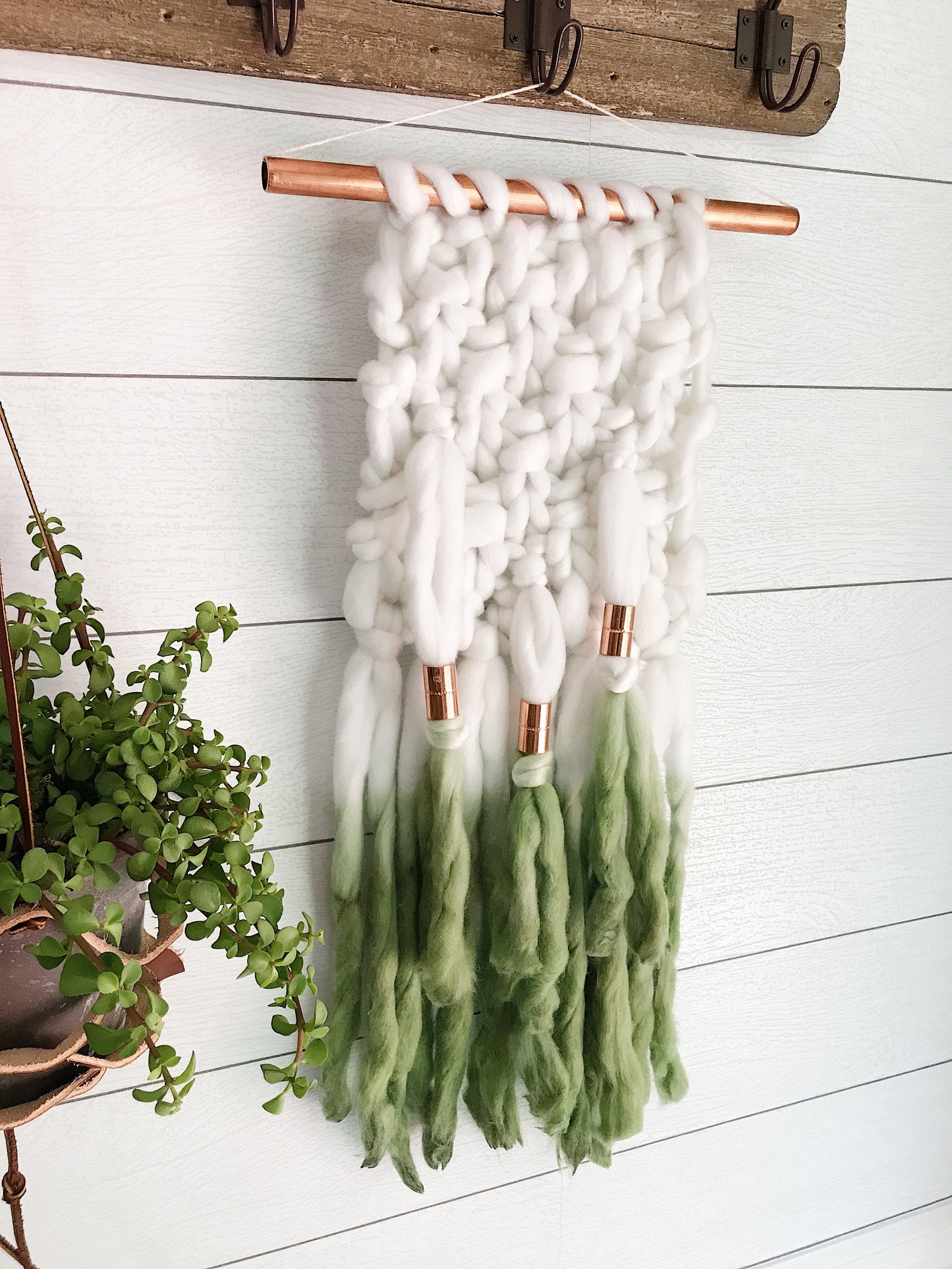 Palm Leaf Green Dip Dye Ombré Knit Wall Hanging with Copper Detail