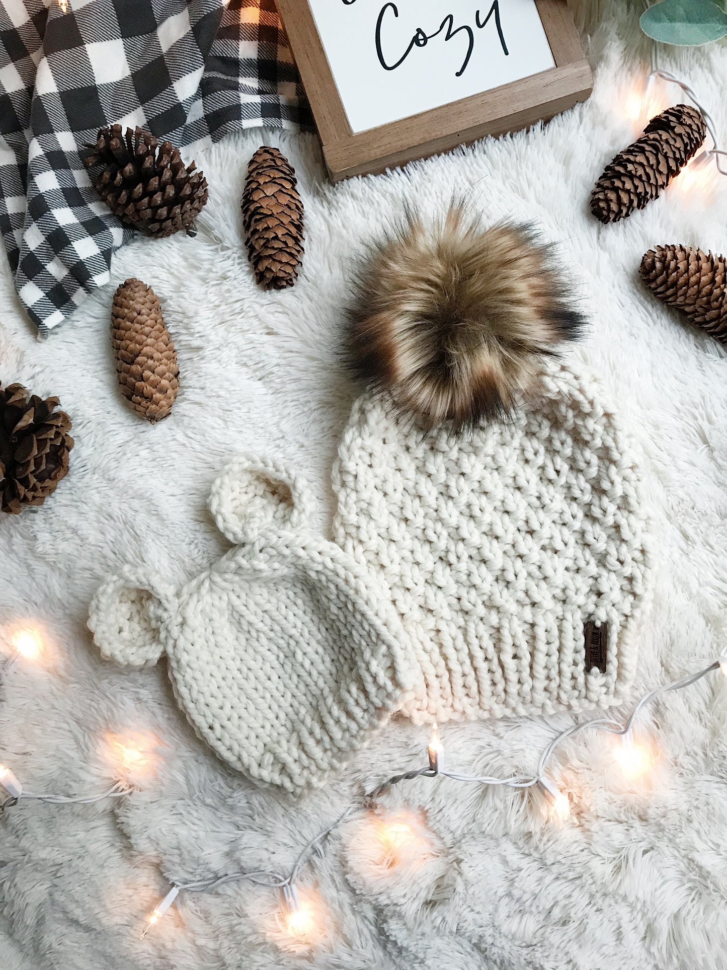 Mommy and Me SET Knitted Textured Beanie with Faux Fur Pom Pom // The Westbrook and Baby Bear Hat