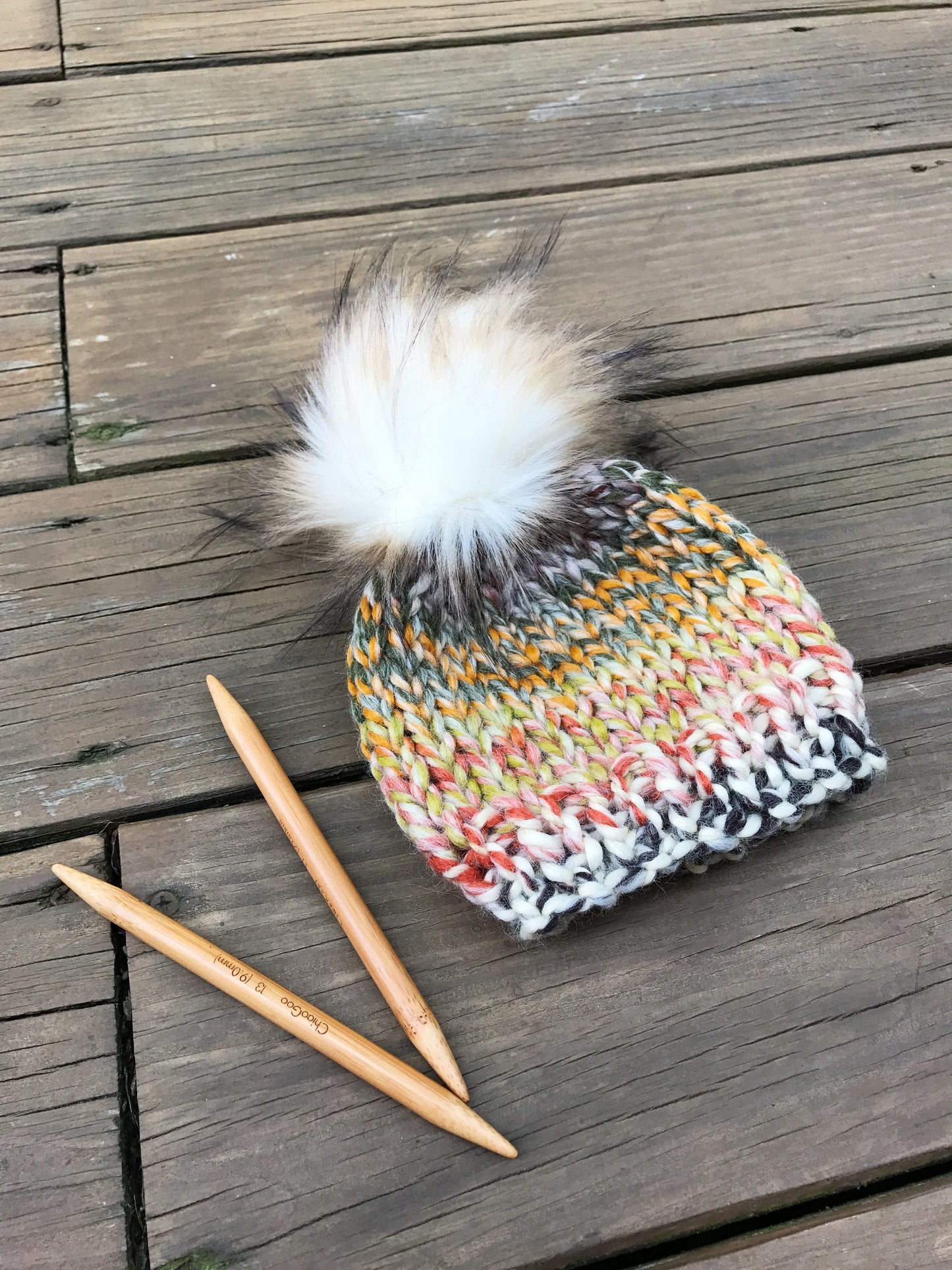 Knit Adult Hat Beanie Handmade Faux Fur Pom Pom