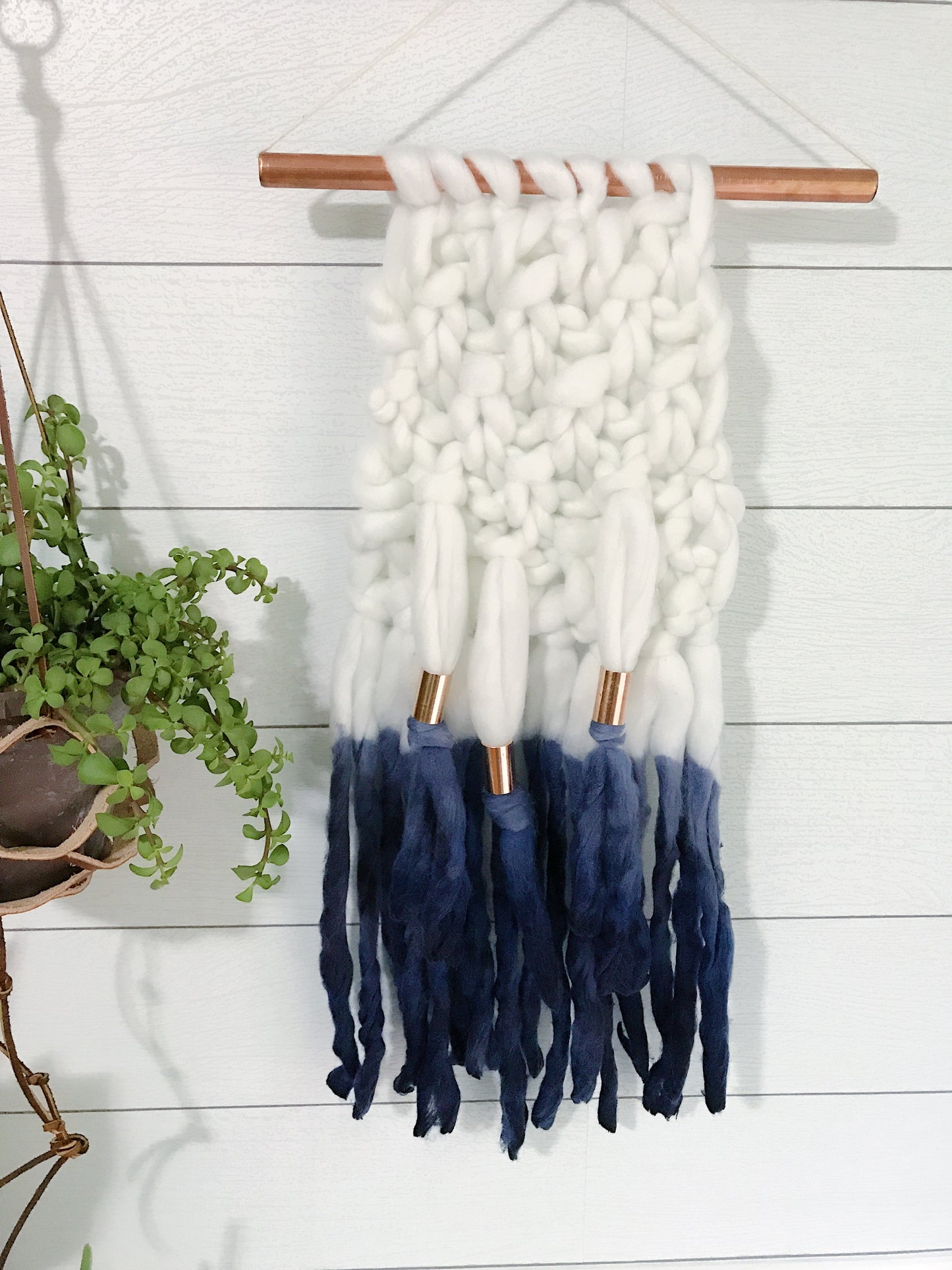 Indigo Blue Dip Dye Ombré Knit Wall Hanging with Copper Detail