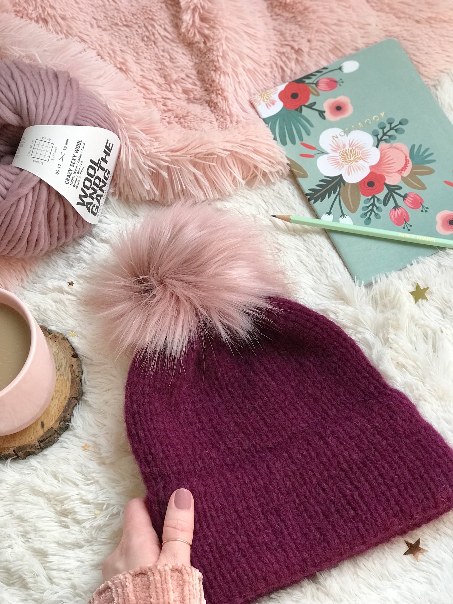Margaux Adult Knitted Double Brim Beanie with Pink Moscato Faux Fur Pom Pom