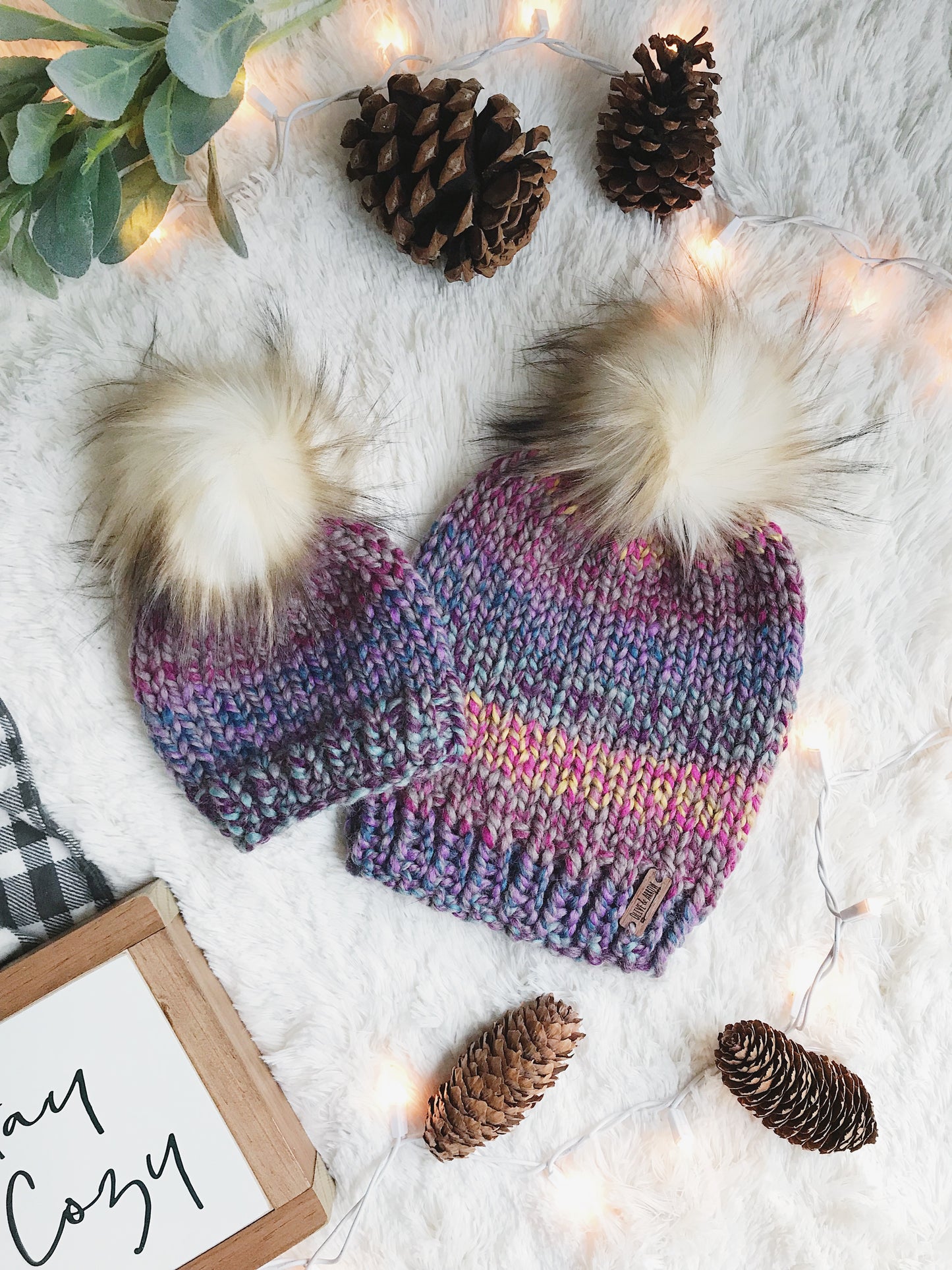 Mommy and Me SET Knitted Textured Beanie with Faux Fur Pom Pom // The Kennebec