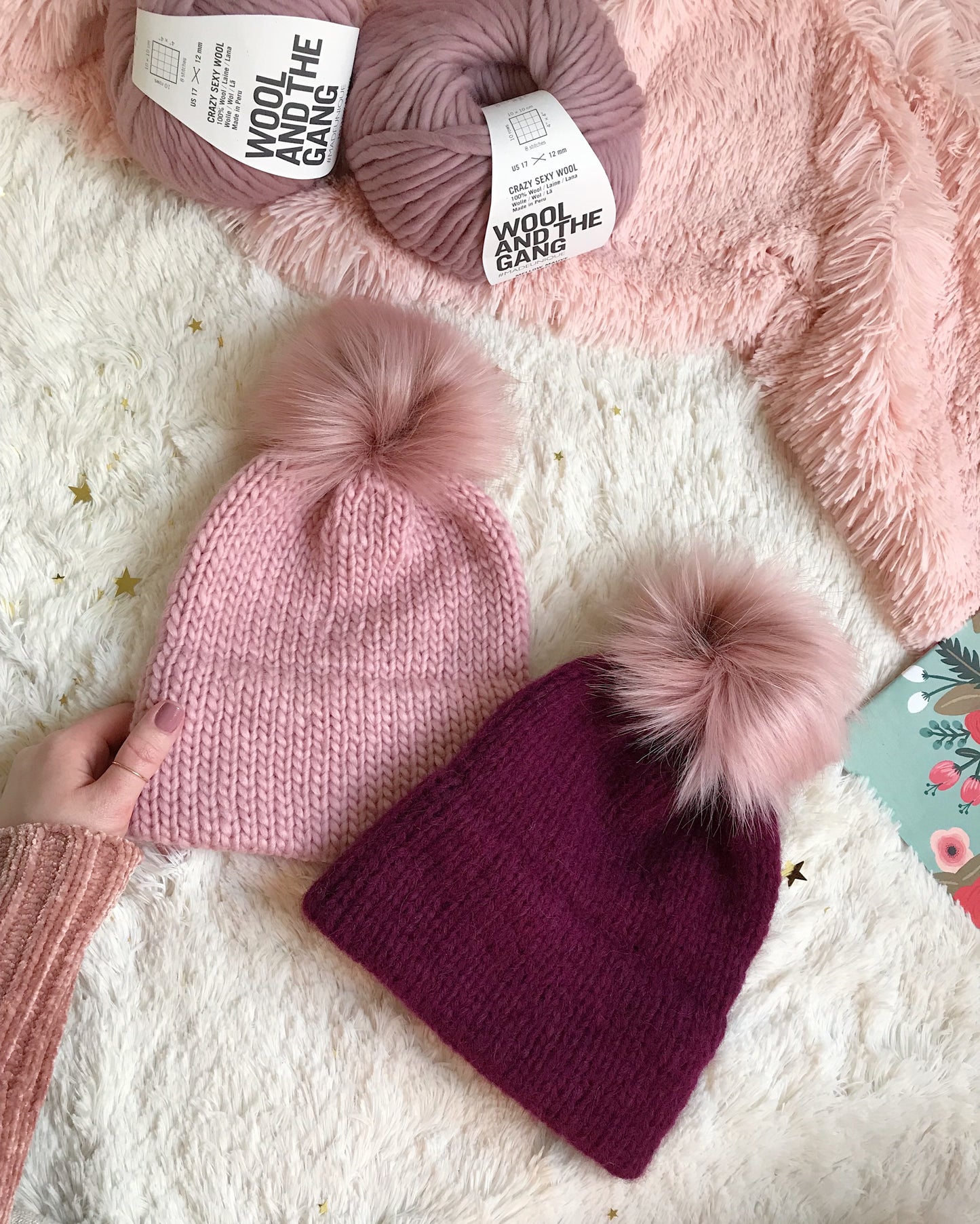 Margaux Adult Knitted Double Brim Beanie with Pink Moscato Faux Fur Pom Pom