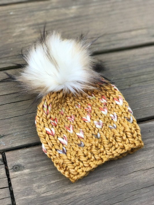 Mommy and Me Hats Knit Baby and Adult Beanie Handmade Faux Fur Pom Pom // Coney Island Fair Isle