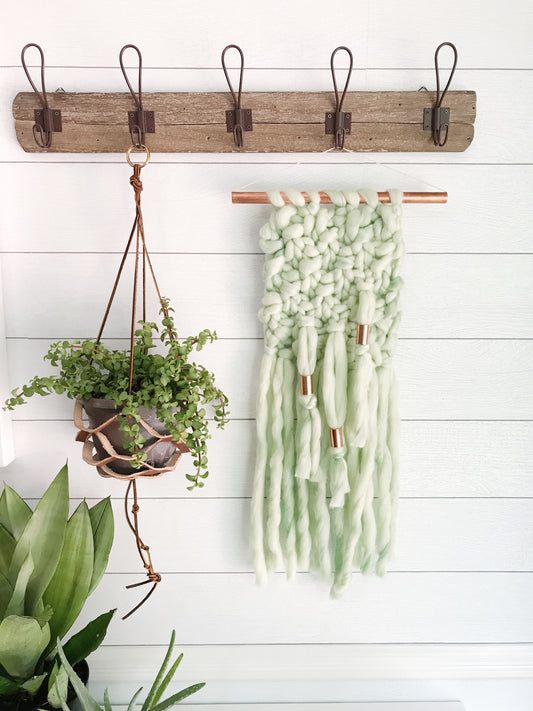 Mint Green Knit Wall Hanging with Copper Detail