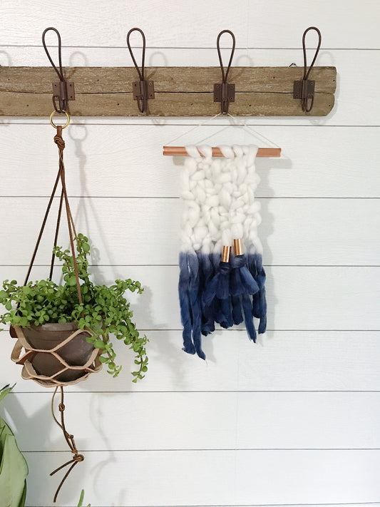 Mini Indigo Blue Dip Dye Ombré Knit Wall Hanging with Copper Detail