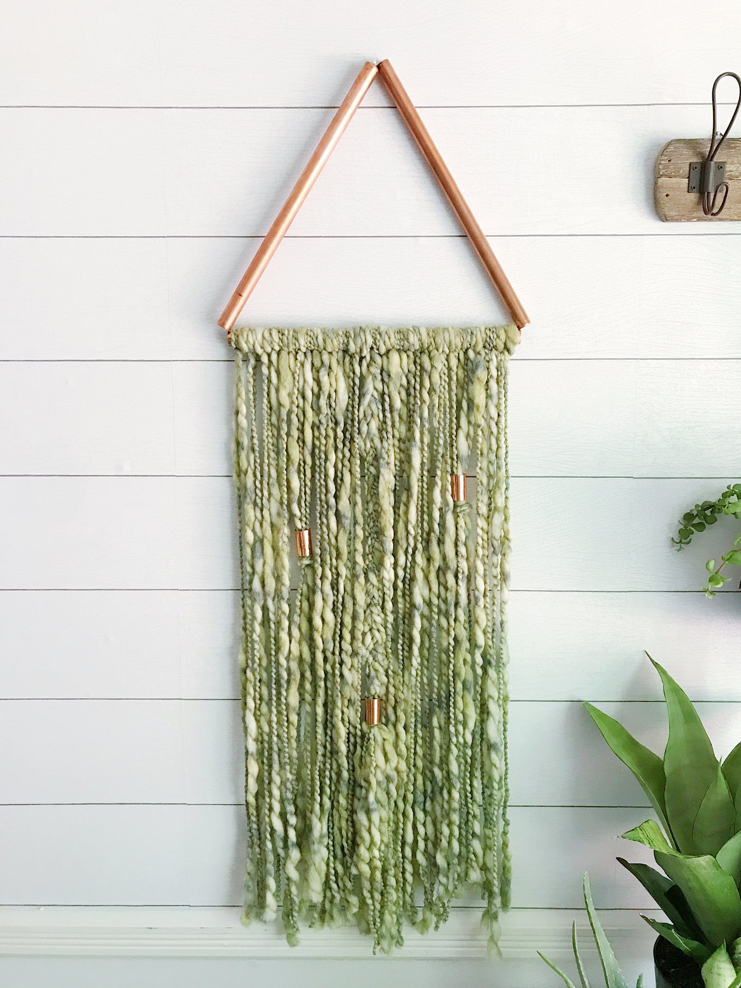 Palm Leaf Green Copper Triangle Yarn Wall Hanging