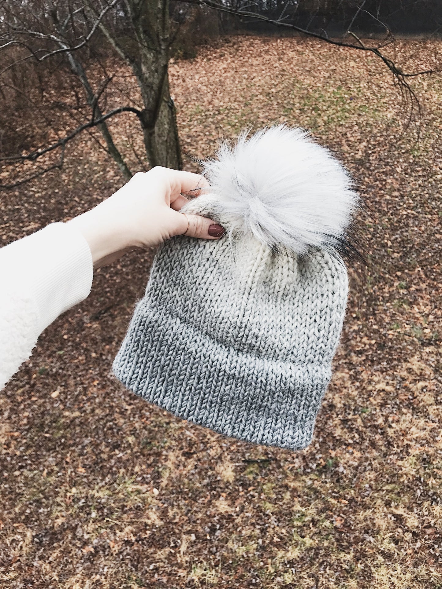 Ombre Adult Knitted Double Brim Beanie with Faux Fur Pom Pom