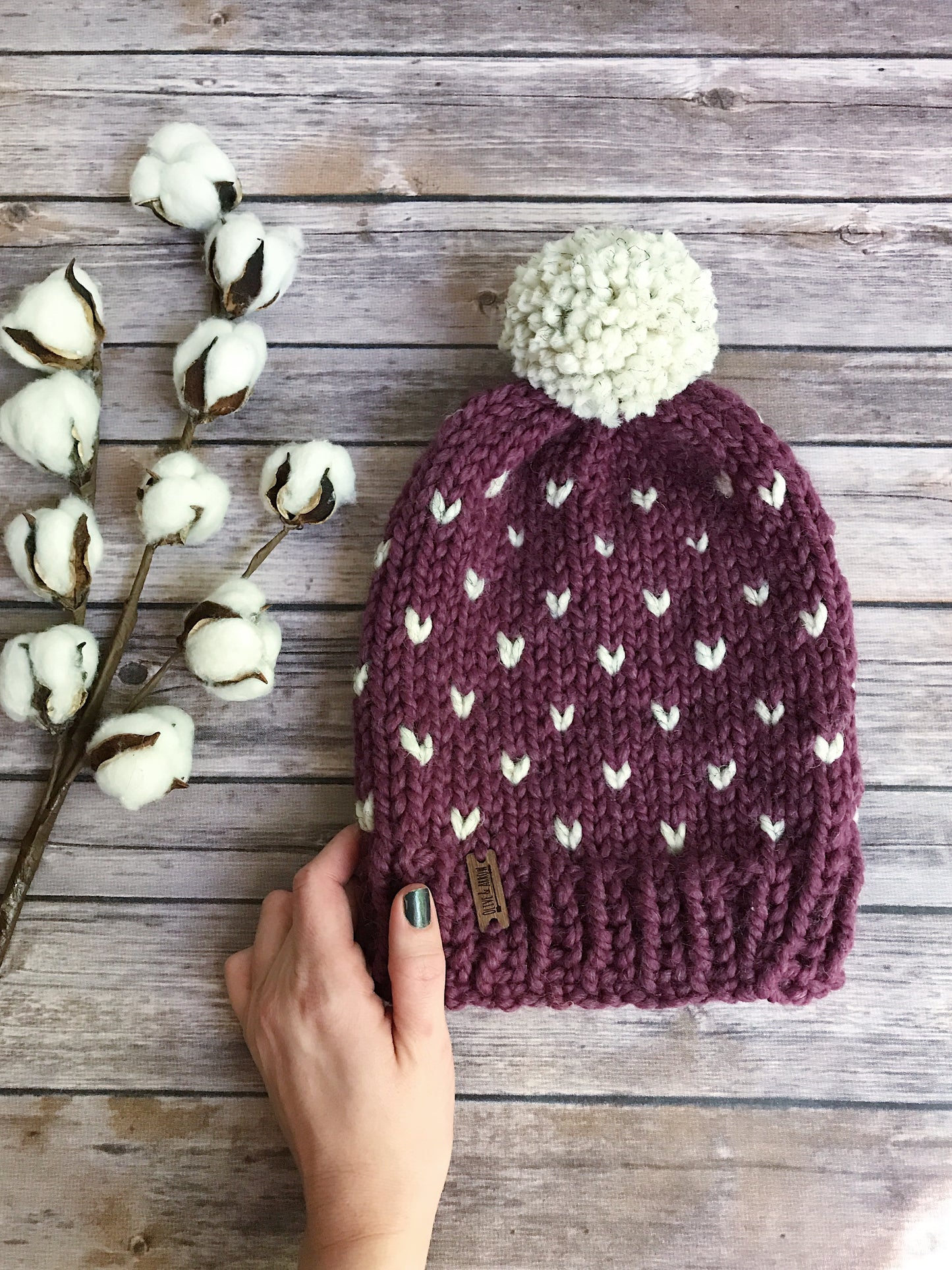 Adult Fair Isle Hearts Knit Pom Pom Hat Slouchy Beanie with Yarn Pom