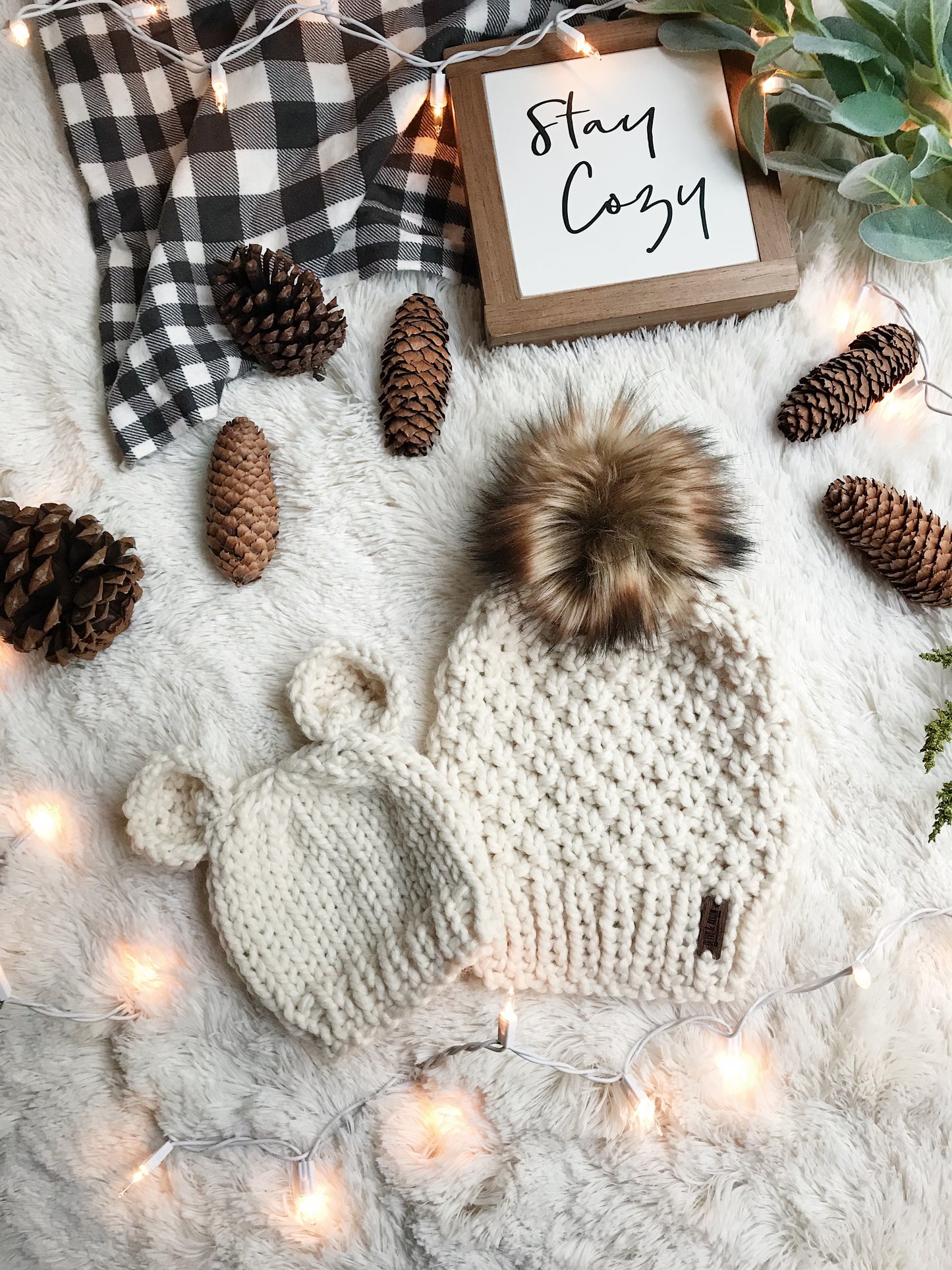 Mommy and Me SET Knitted Textured Beanie with Faux Fur Pom Pom // The Westbrook and Baby Bear Hat