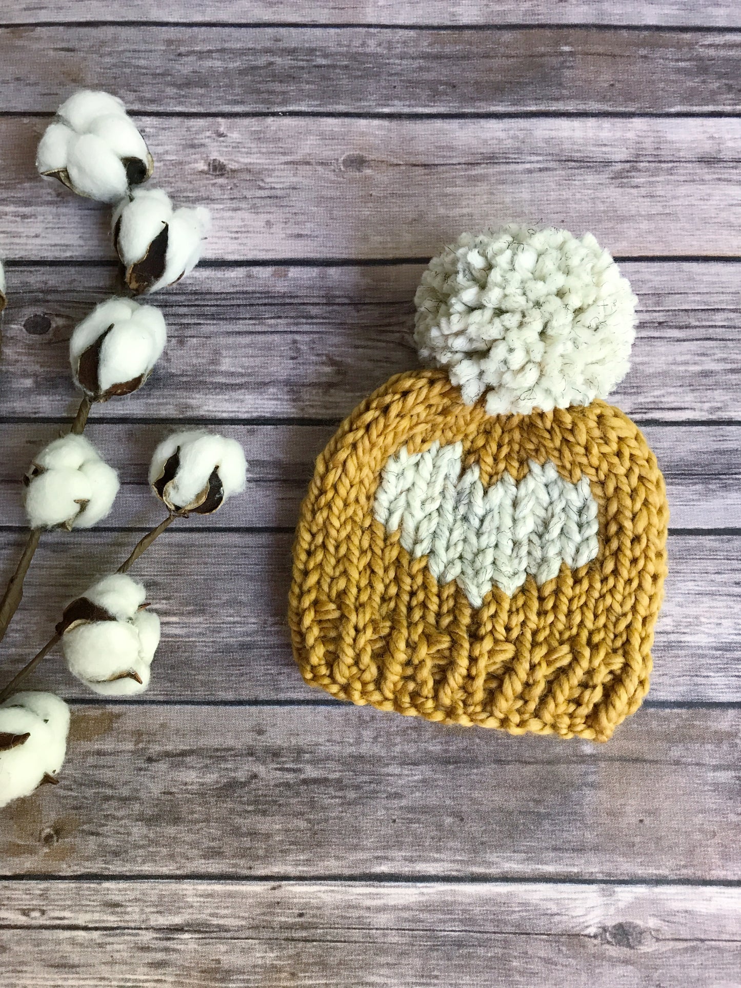 Big Heart Knit Baby Hat Beanie Handmade Yarn Pom Pom