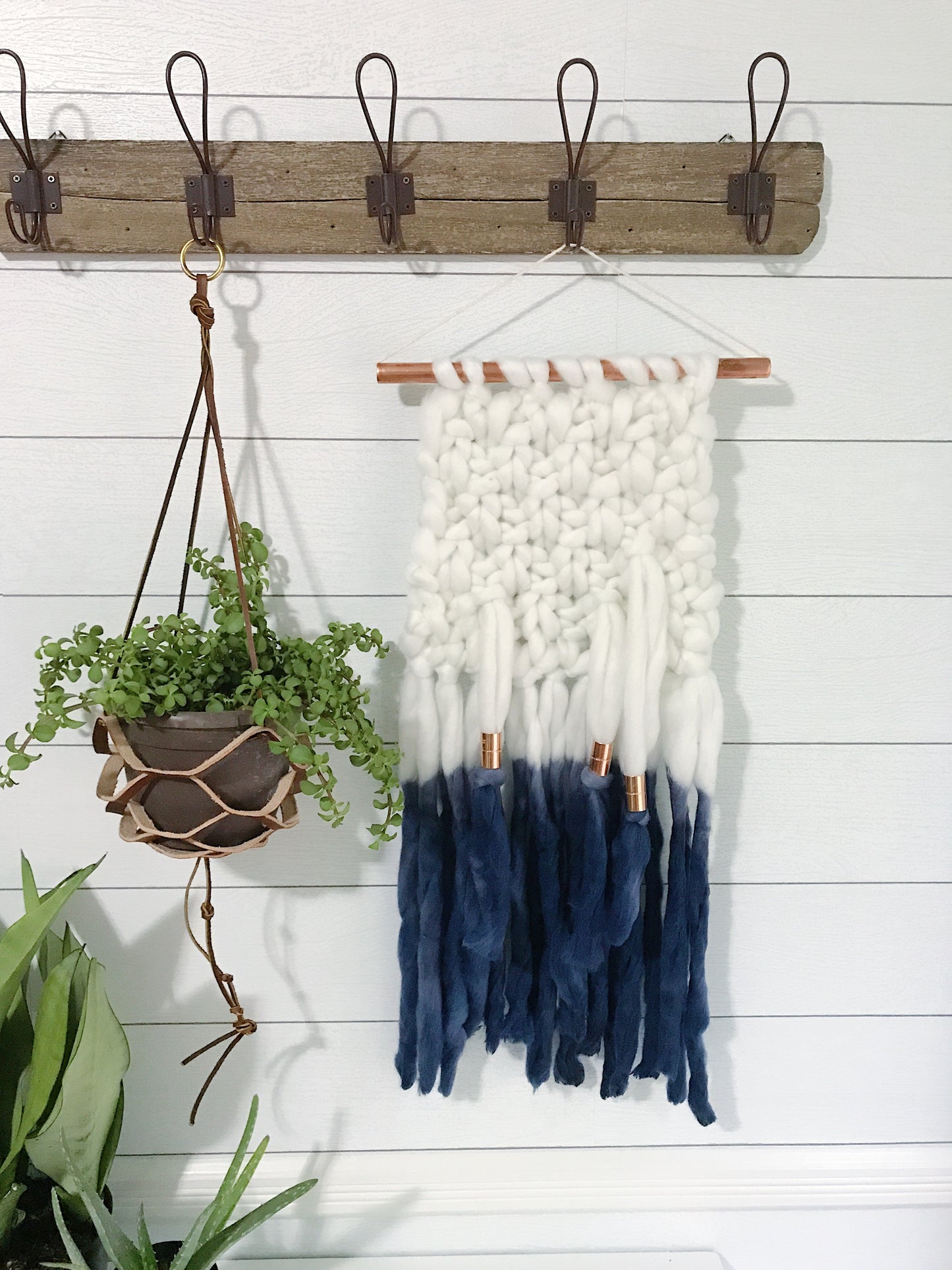 Indigo Blue Dip Dye Ombré Knit Wall Hanging with Copper Detail