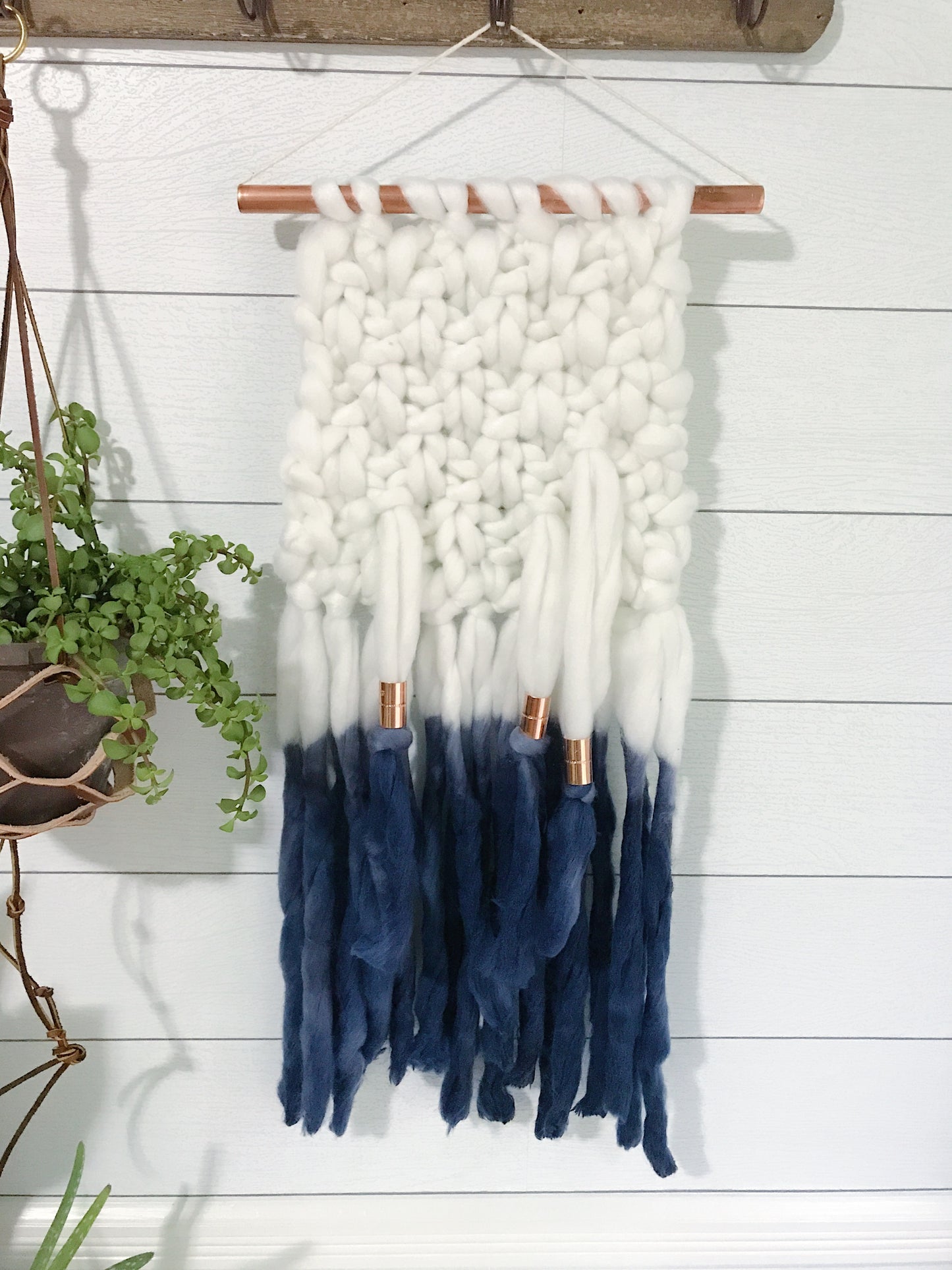 Indigo Blue Dip Dye Ombré Knit Wall Hanging with Copper Detail