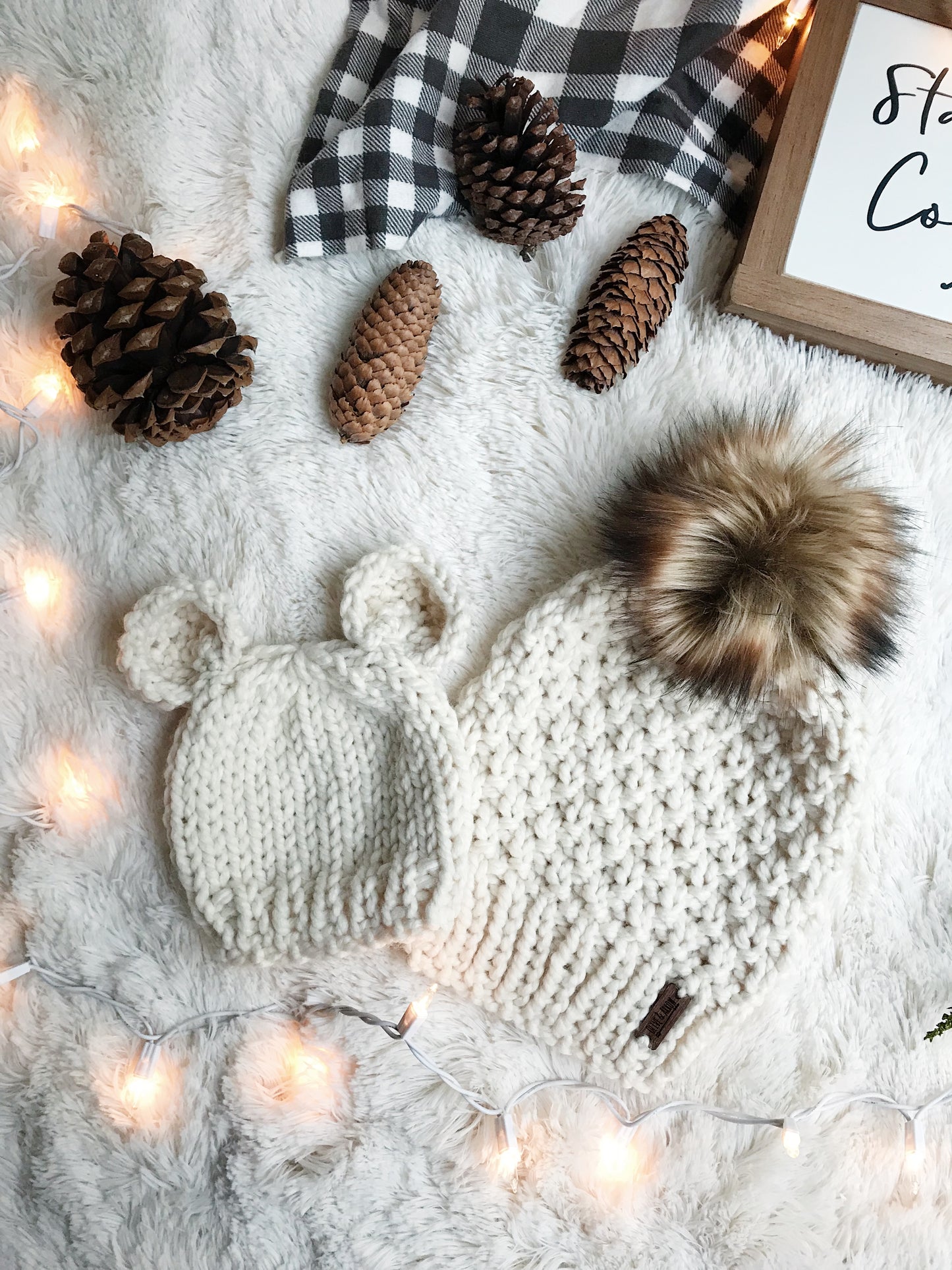 Mommy and Me SET Knitted Textured Beanie with Faux Fur Pom Pom // The Westbrook and Baby Bear Hat