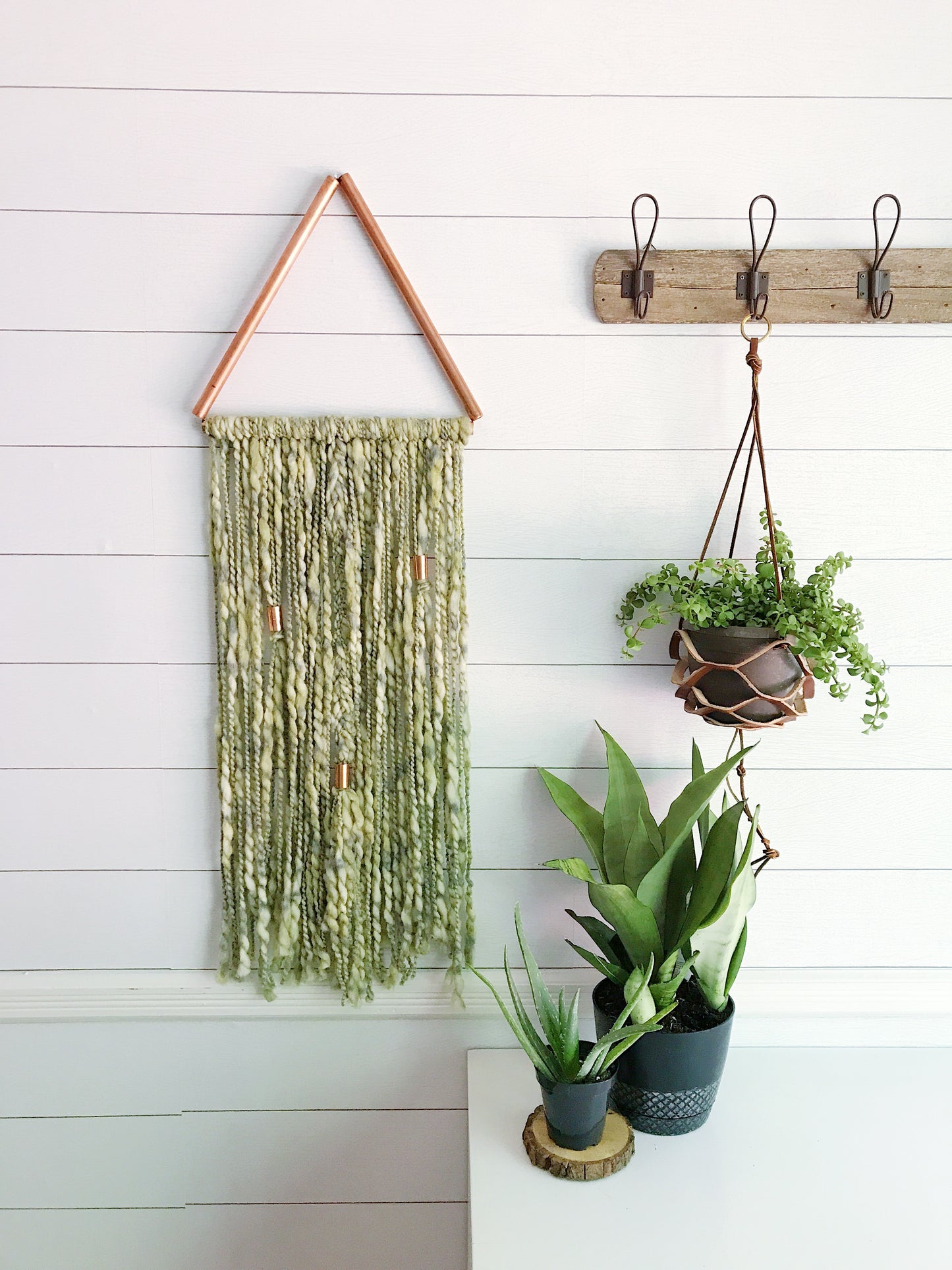 Palm Leaf Green Copper Triangle Yarn Wall Hanging