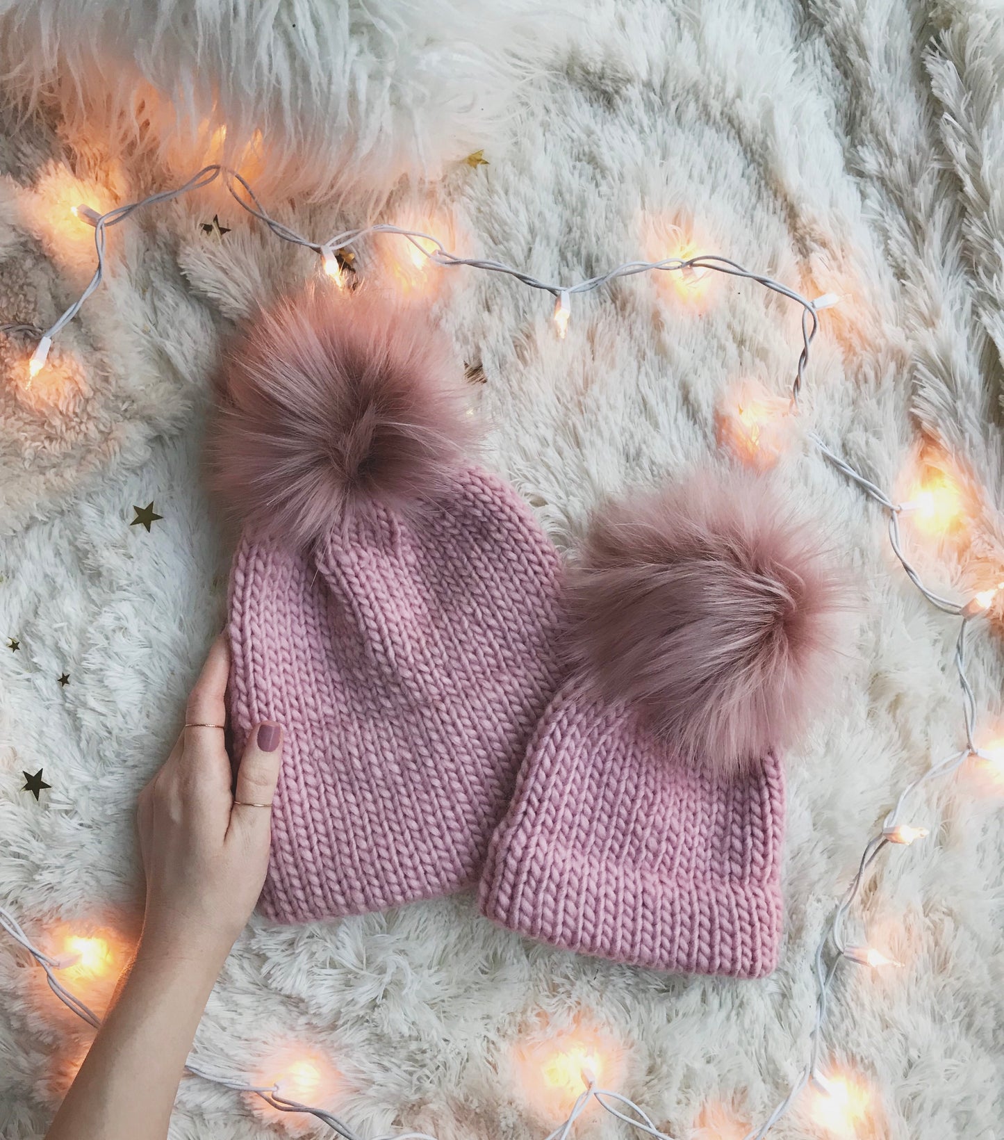 Rosé Mommy and Me Hats Double Brim Beanies with Pink Moscato Faux Fur Pom Pom