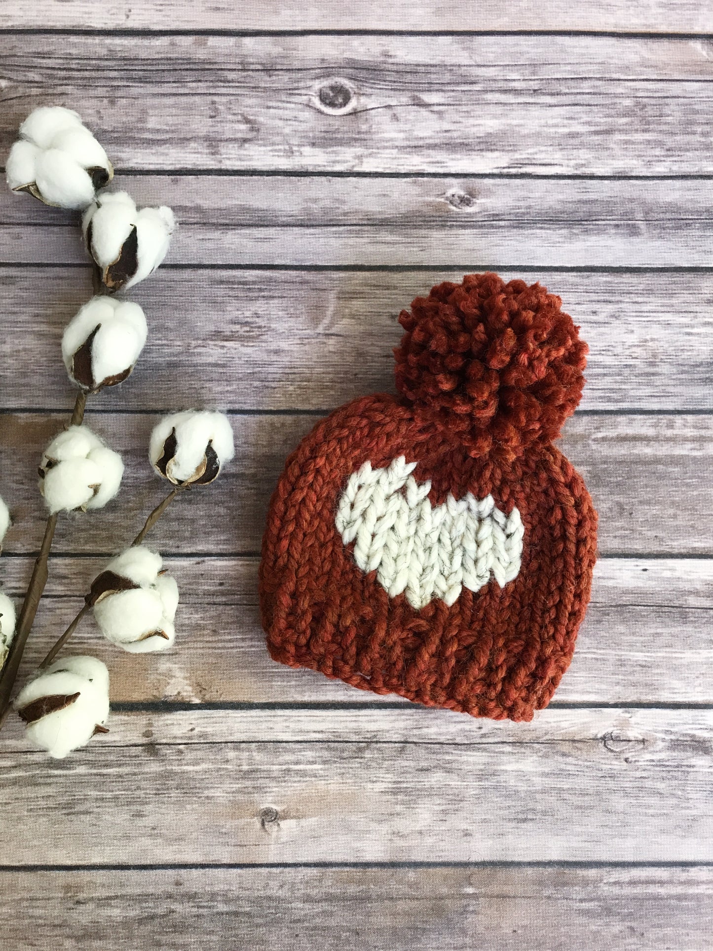 Big Heart Knit Baby Hat Beanie Handmade Yarn Pom Pom