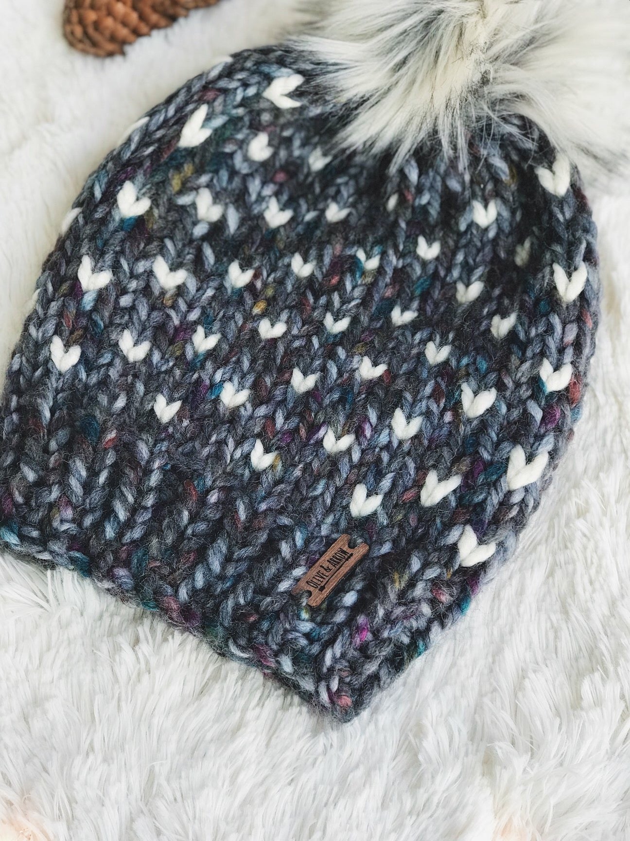 Knit Adult Hat Fair Isle Hearts Beanie Faux Fur Pom Pom