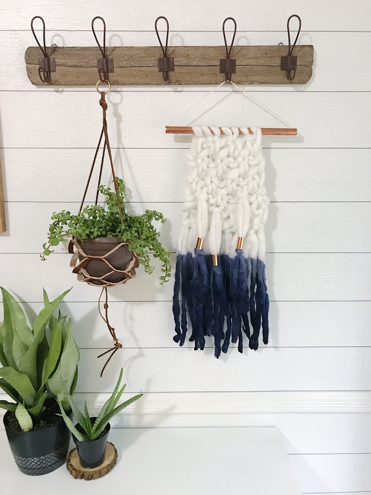 Indigo Blue Dip Dye Ombré Knit Wall Hanging with Copper Detail