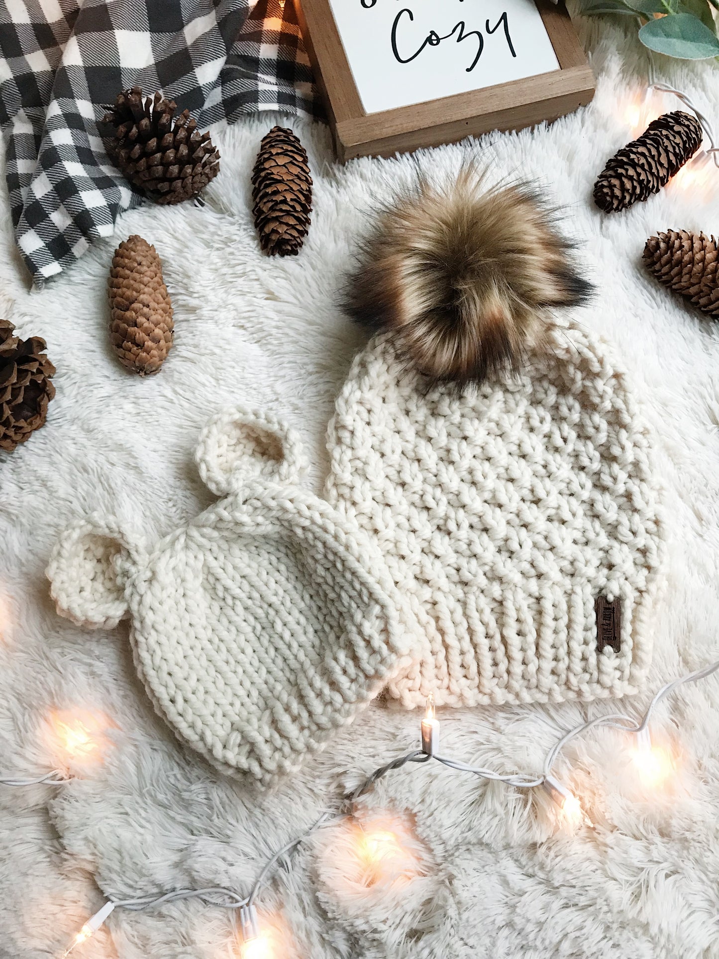 Mommy and Me SET Knitted Textured Beanie with Faux Fur Pom Pom // The Westbrook and Baby Bear Hat