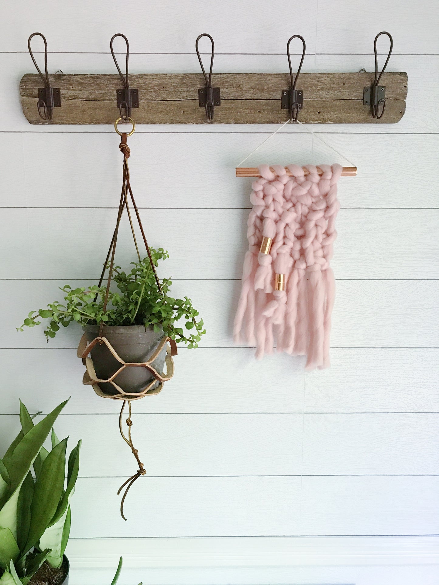 Mini Blush Pink Knit Wall Hanging with Copper Detail
