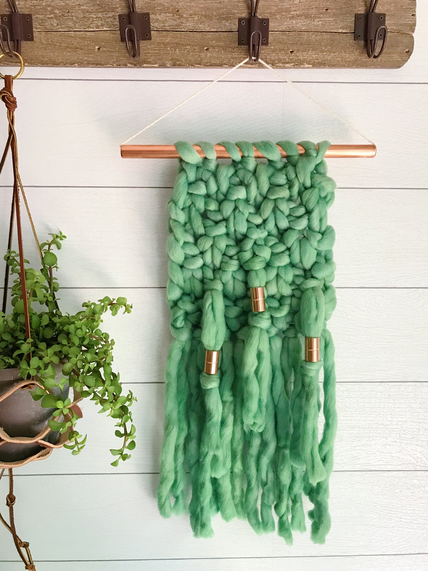 Palm Leaf Green Knit Wall Hanging with Copper Detail