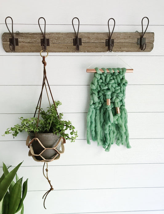 Mini Palm Leaf Green Knit Wall Hanging with Copper Detail