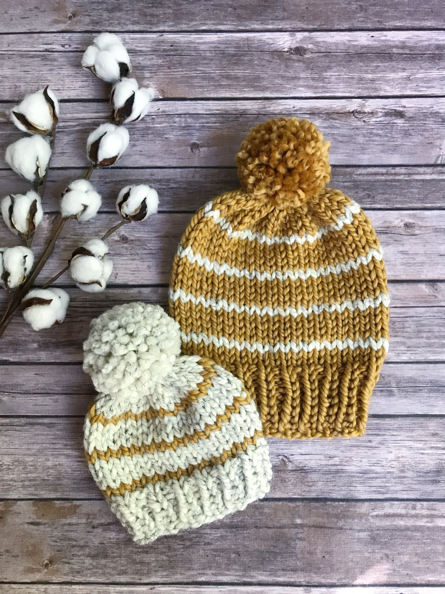 Mommy and Me Hats Knit Baby and Adult Beanie Handmade Yarn Pom Pom // STRIPES