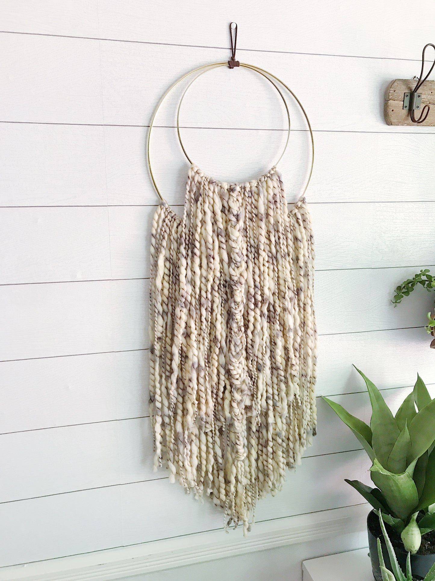 Smokey Quartz Yarn Double Ring Wall Hanging with Gold Detail
