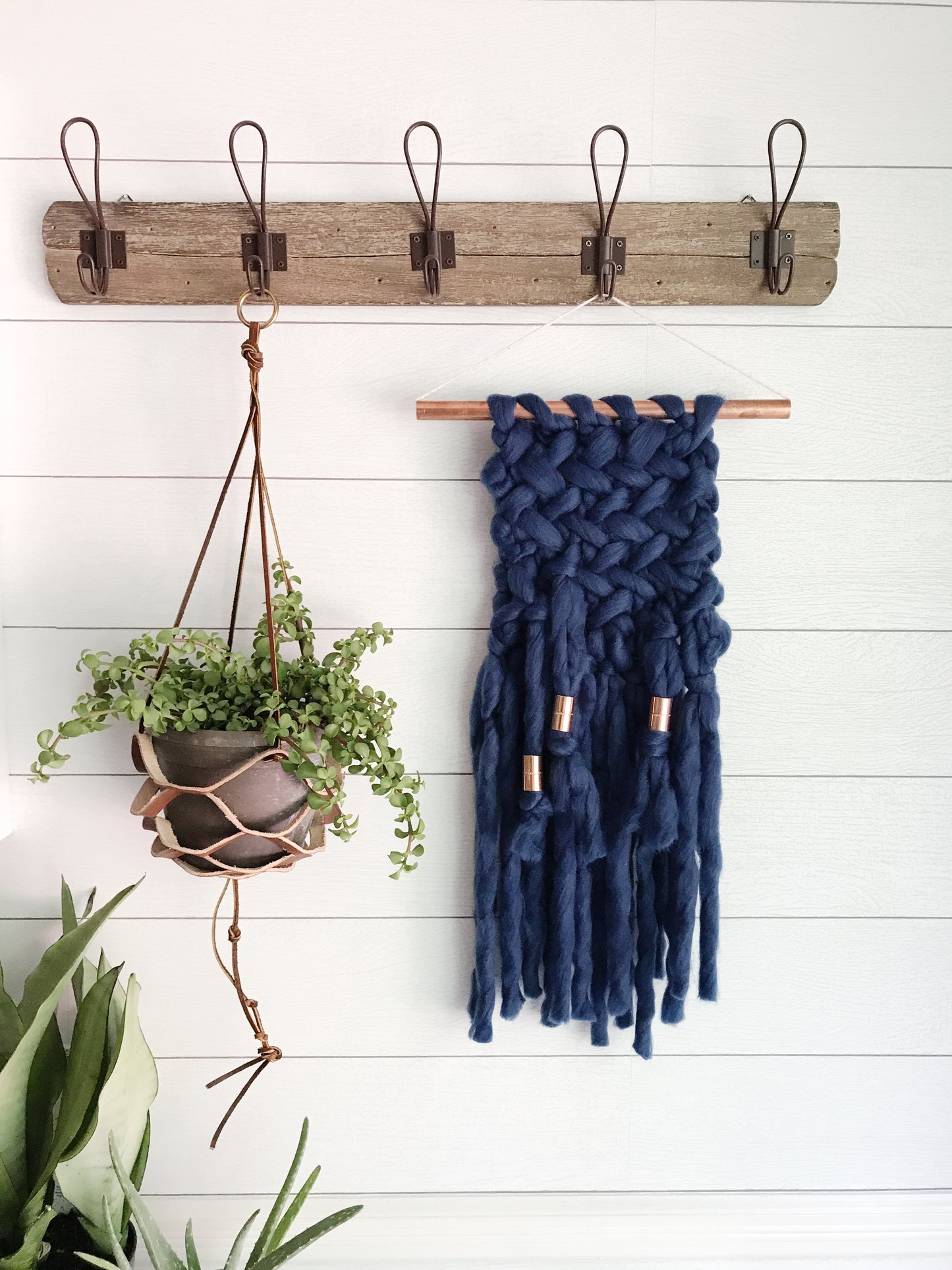 Indigo Blue Knit Wall Hanging with Copper Detail // Regular Size