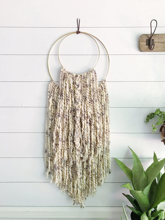 Smokey Quartz Yarn Double Ring Wall Hanging with Gold Detail