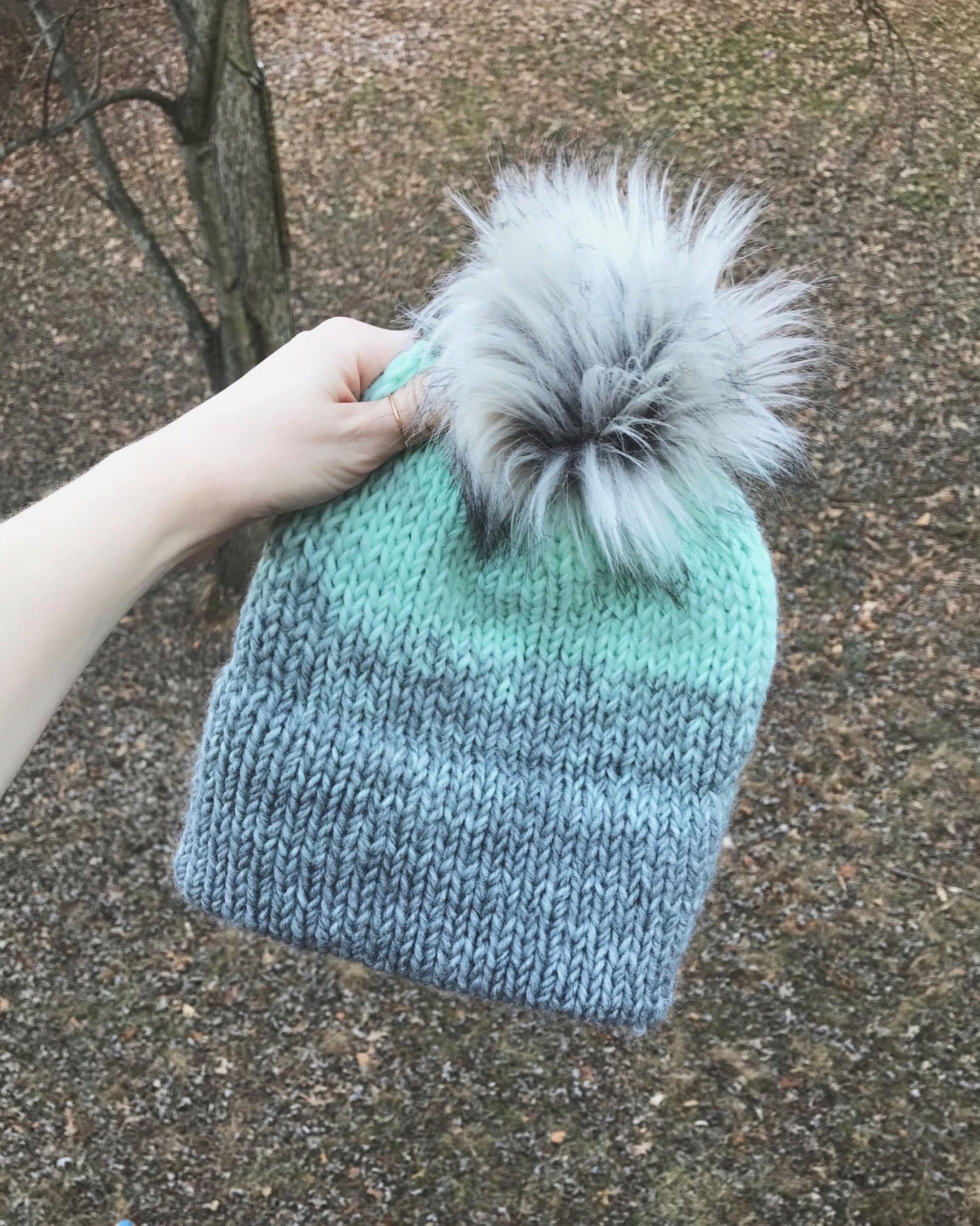 Ombre Adult Knitted Double Brim Beanie with Faux Fur Pom Pom