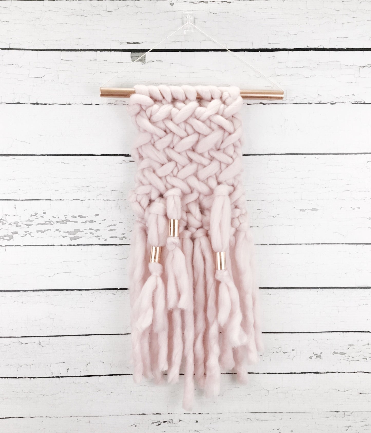 Blush Pink Knit Wall Hanging with Copper Detail // Regular Size