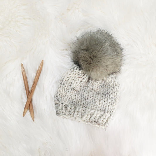 Knit Baby Hat Beanie Handmade Faux Fur Pom Pom // GREY pom