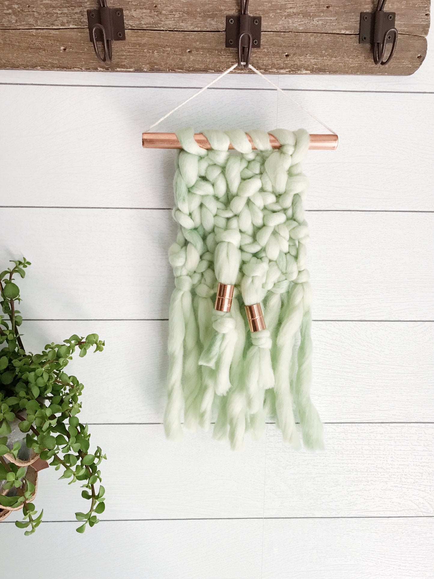 Mini Mint Green Knit Wall Hanging with Copper Detail