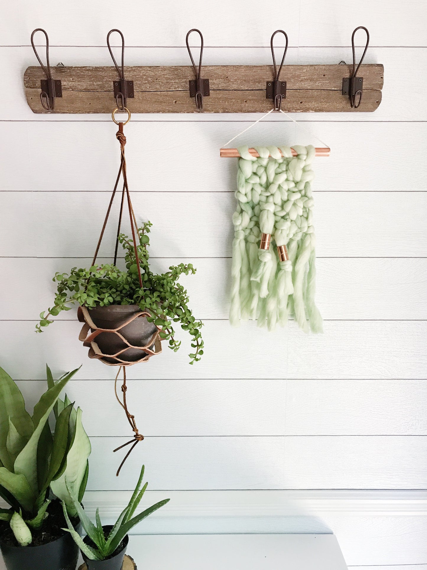 Mini Mint Green Knit Wall Hanging with Copper Detail