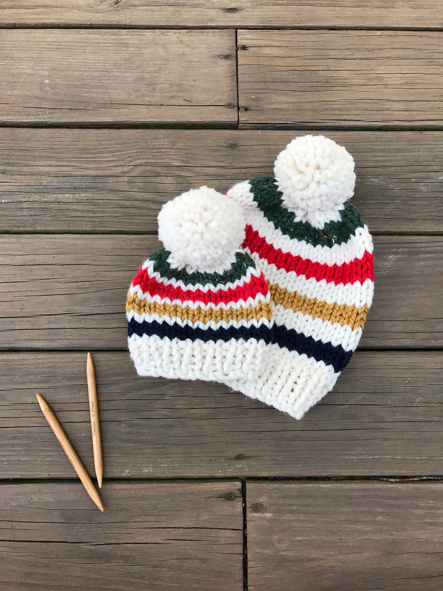 Mommy and Me Hats Knit Baby and Adult Beanie Handmade YARN Pom Pom // Hudson Bay Stripes