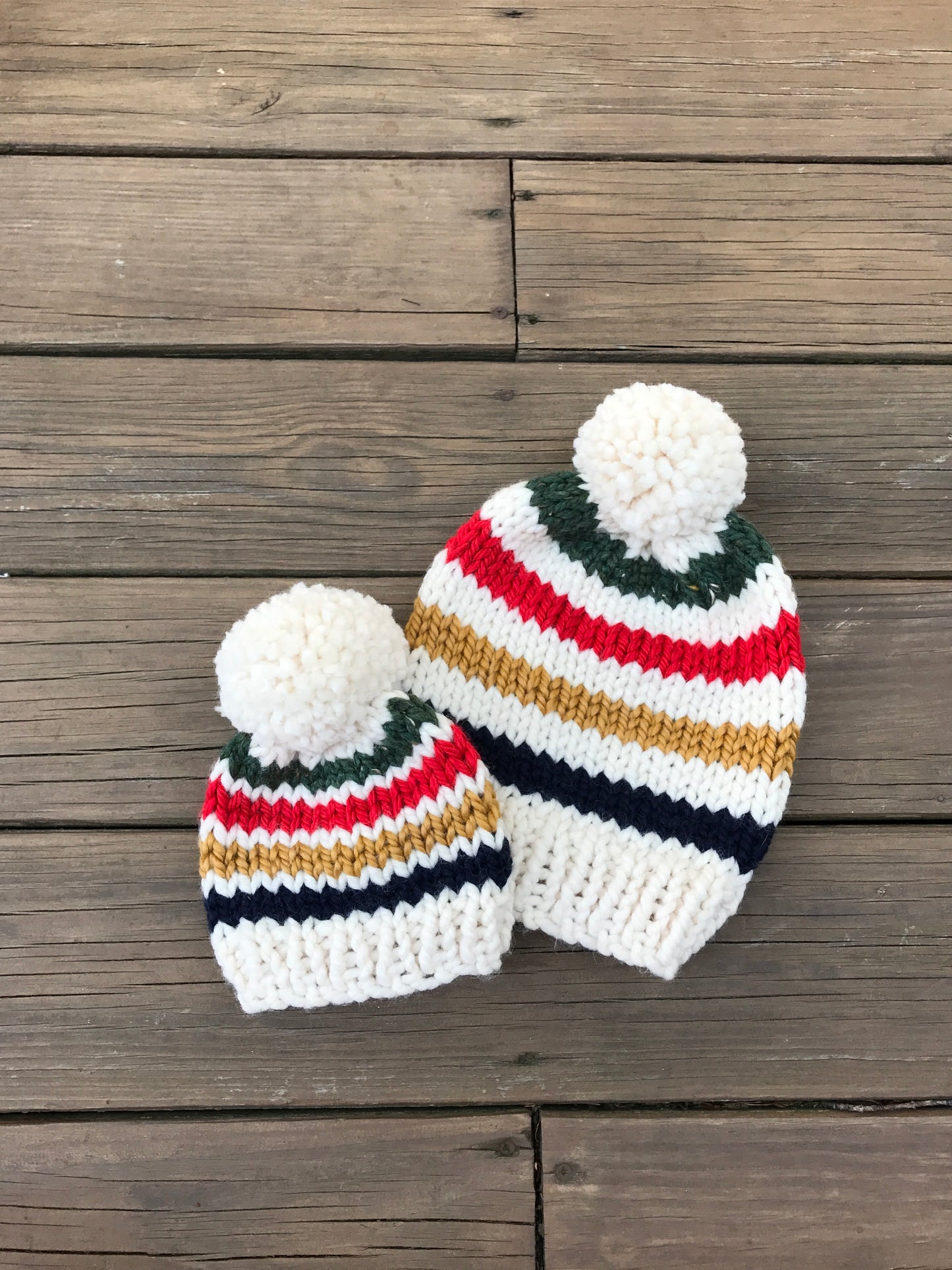 Mommy and Me Hats Knit Baby and Adult Beanie Handmade YARN Pom Pom // Hudson Bay Stripes