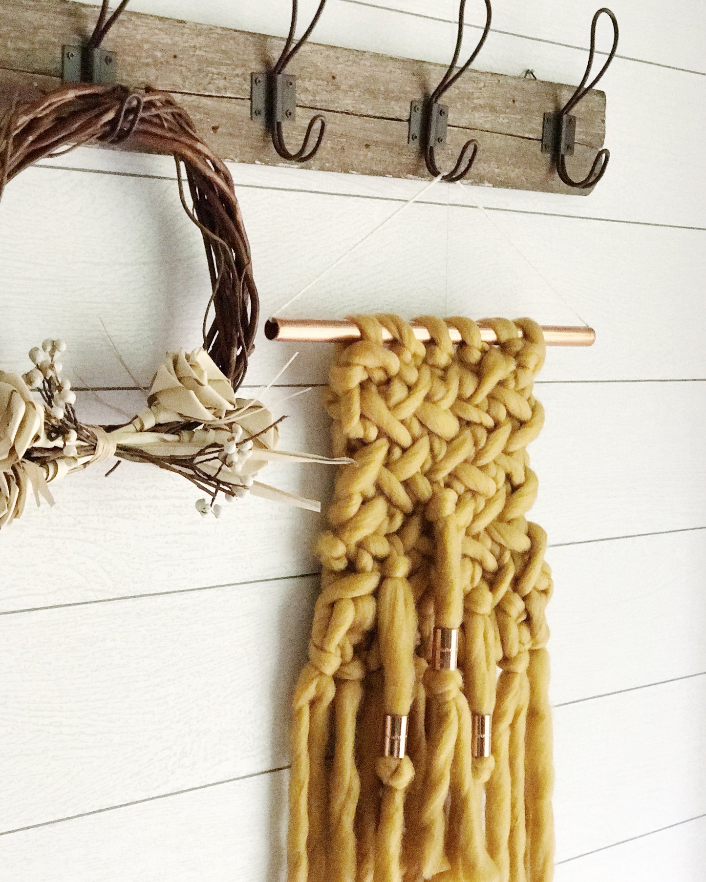 Mustard Wall Hanging Knit with Copper Detail // Regular Size