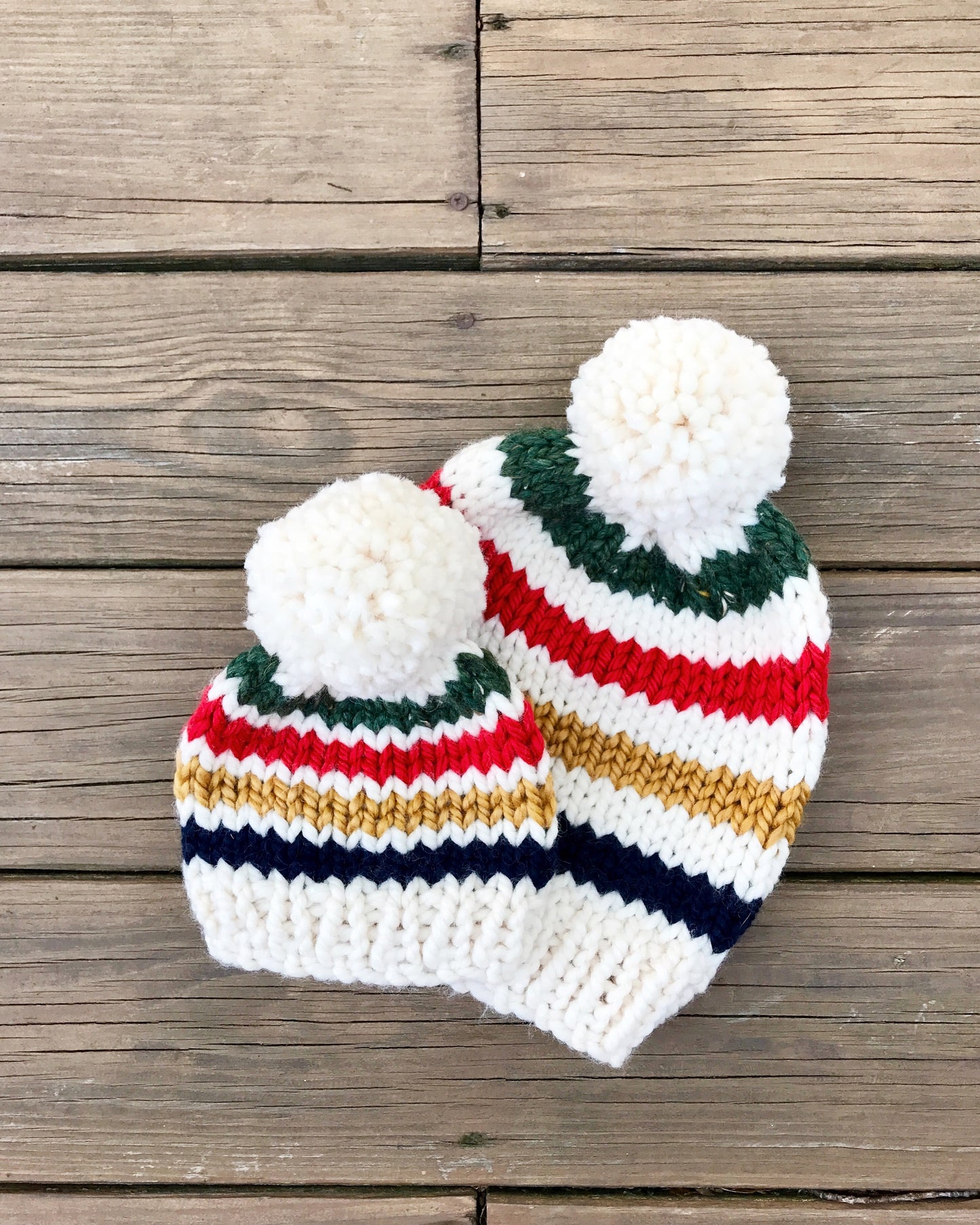 Mommy and Me Hats Knit Baby and Adult Beanie Handmade YARN Pom Pom // Hudson Bay Stripes