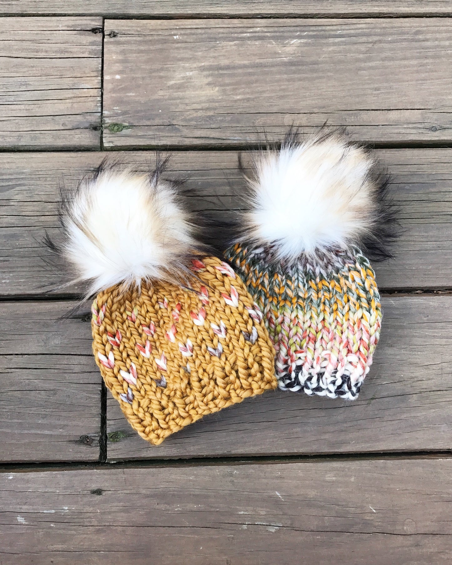 Knit Baby Hat Beanie Handmade Faux Fur Pom Pom // Coney Island Fair Isle