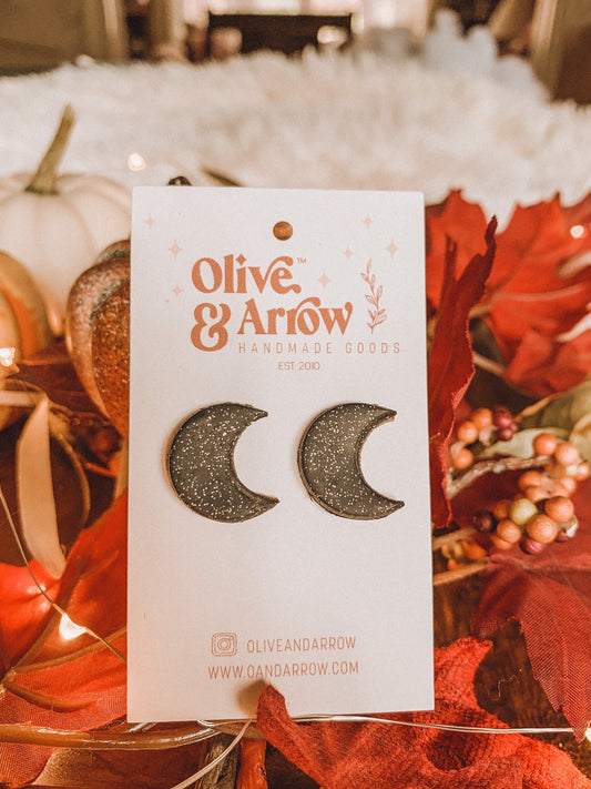 CRESCENT MOON STUDS (black) // Glittery Crescent Moon Clay Earrings
