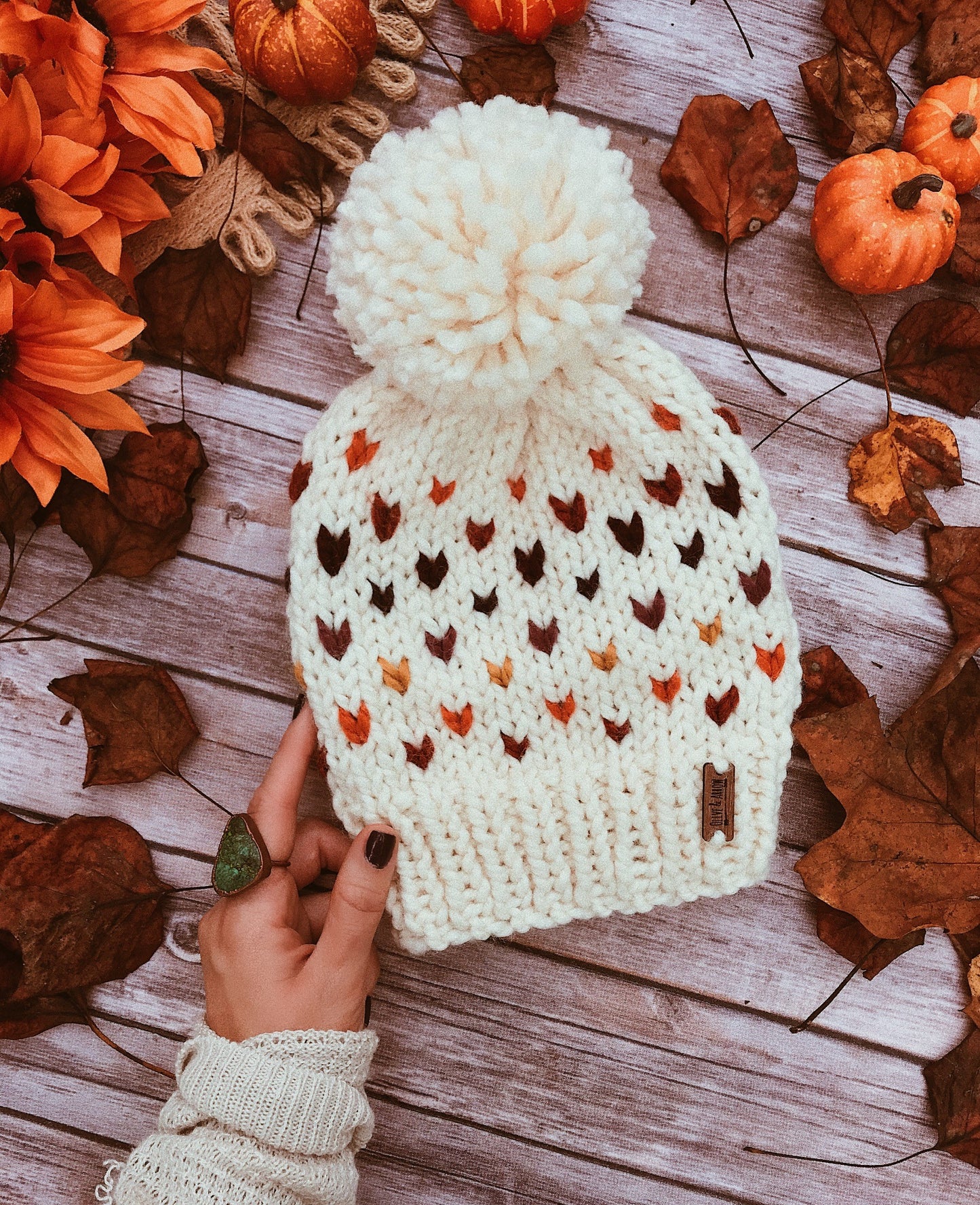 Adult Knitted Fair Isle Hearts Beanie with Yarn Pom Pom // Retro Rainbow Hearts