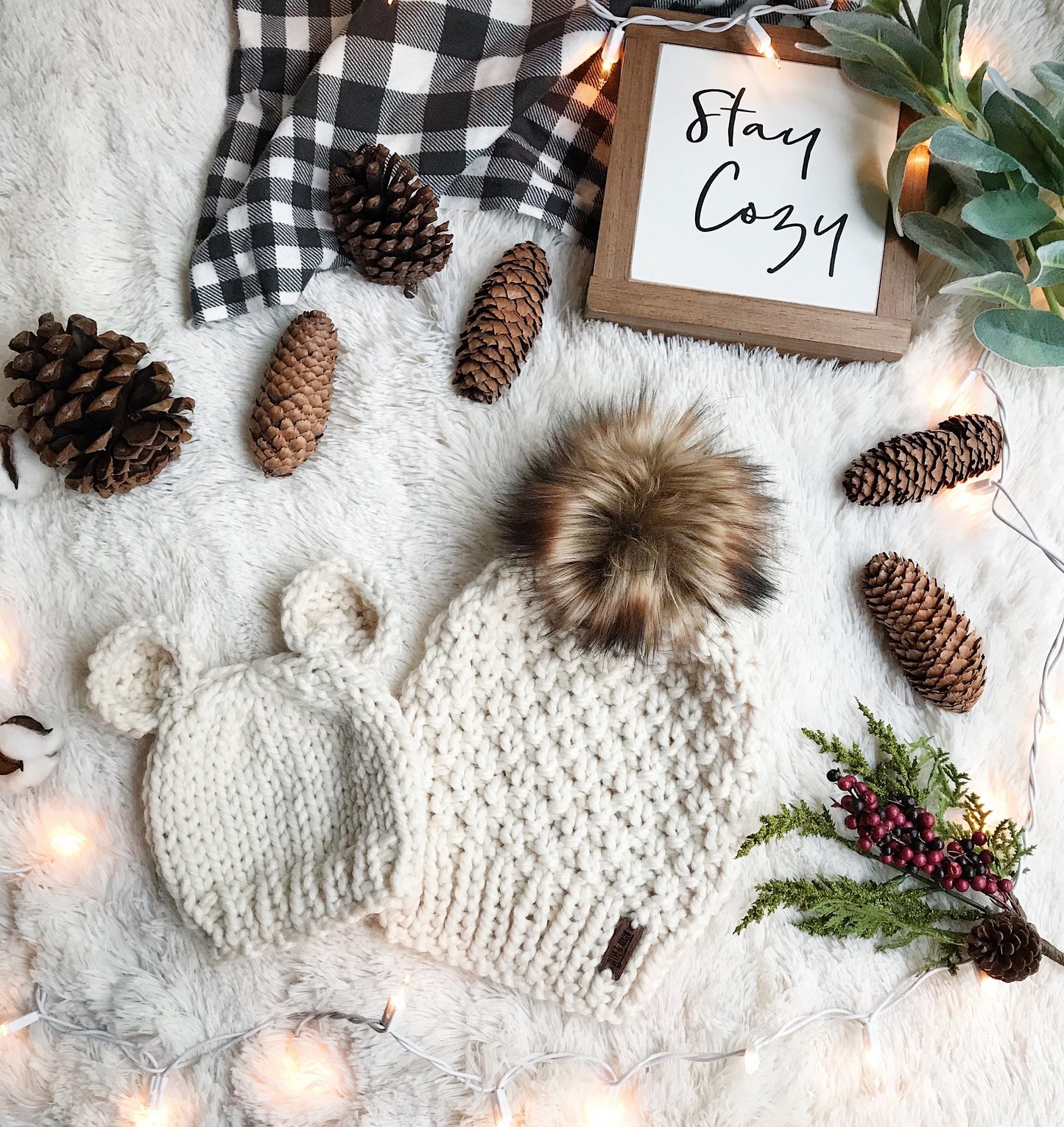 Mommy and Me SET Knitted Textured Beanie with Faux Fur Pom Pom // The Westbrook and Baby Bear Hat