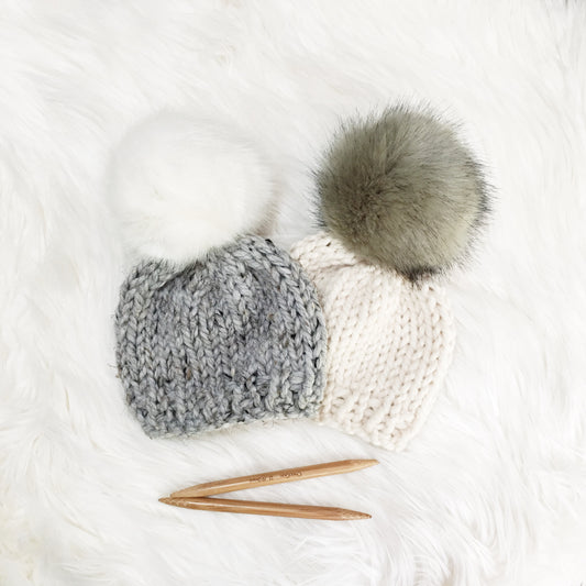 Knit Baby Hat Beanie Handmade Faux Fur Pom Pom // WHITE pom